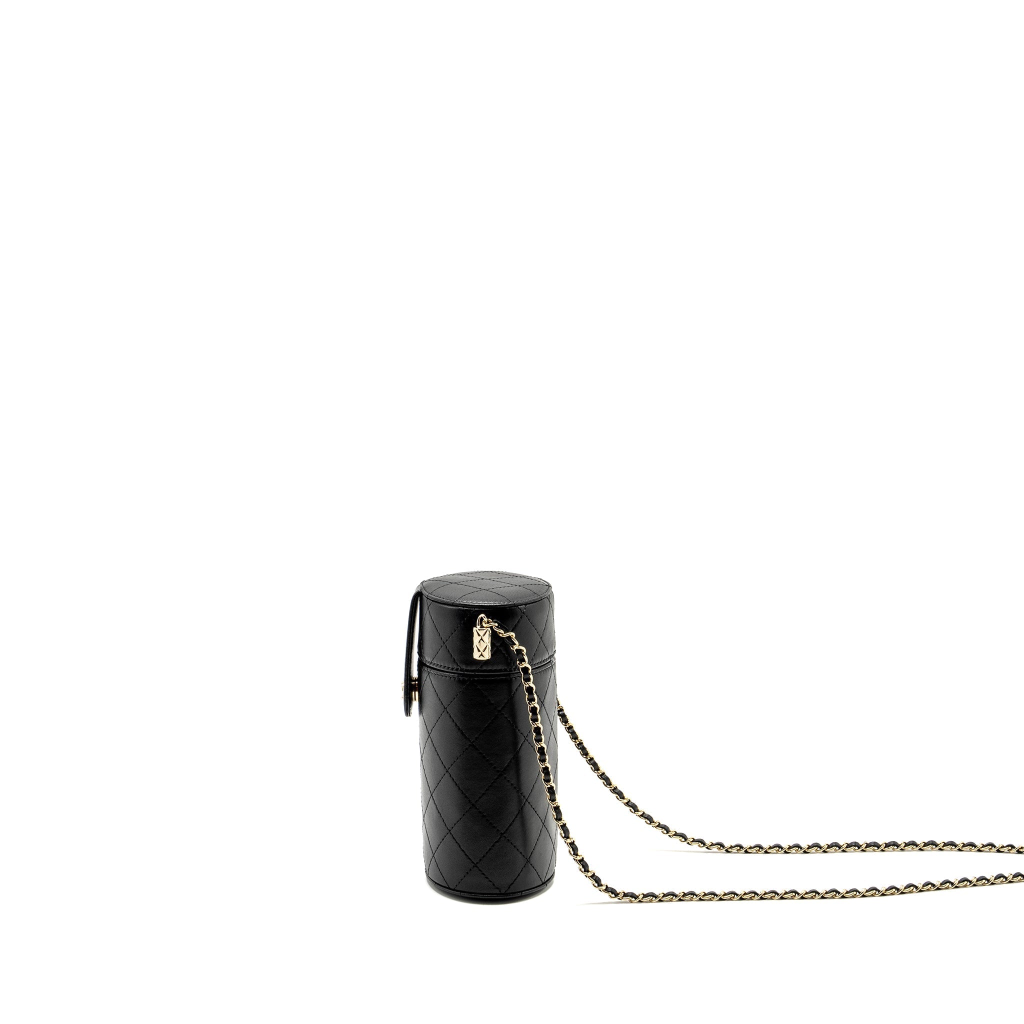 CHANEL CC ROUND VANITY CASE WITH CHAIN LAMBSKIN BLACK LGHW