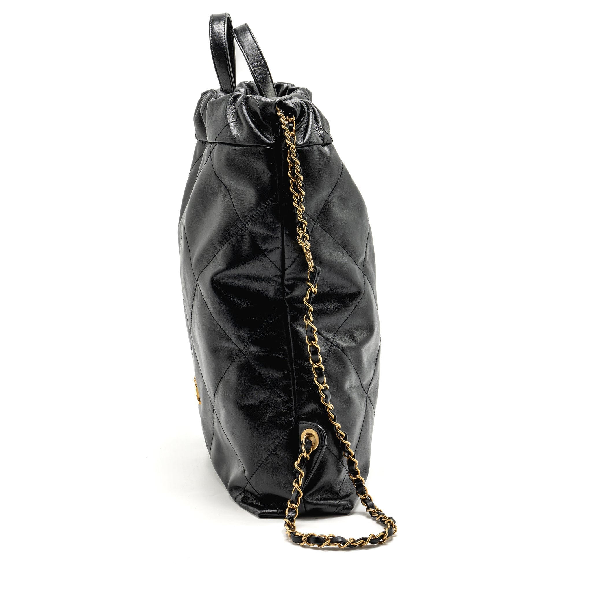 CHANEL LARGE 22 BACKPACK GOLD LETTER LOGO SHINY CALFSKIN BLACK GHW(MICROCHIP)