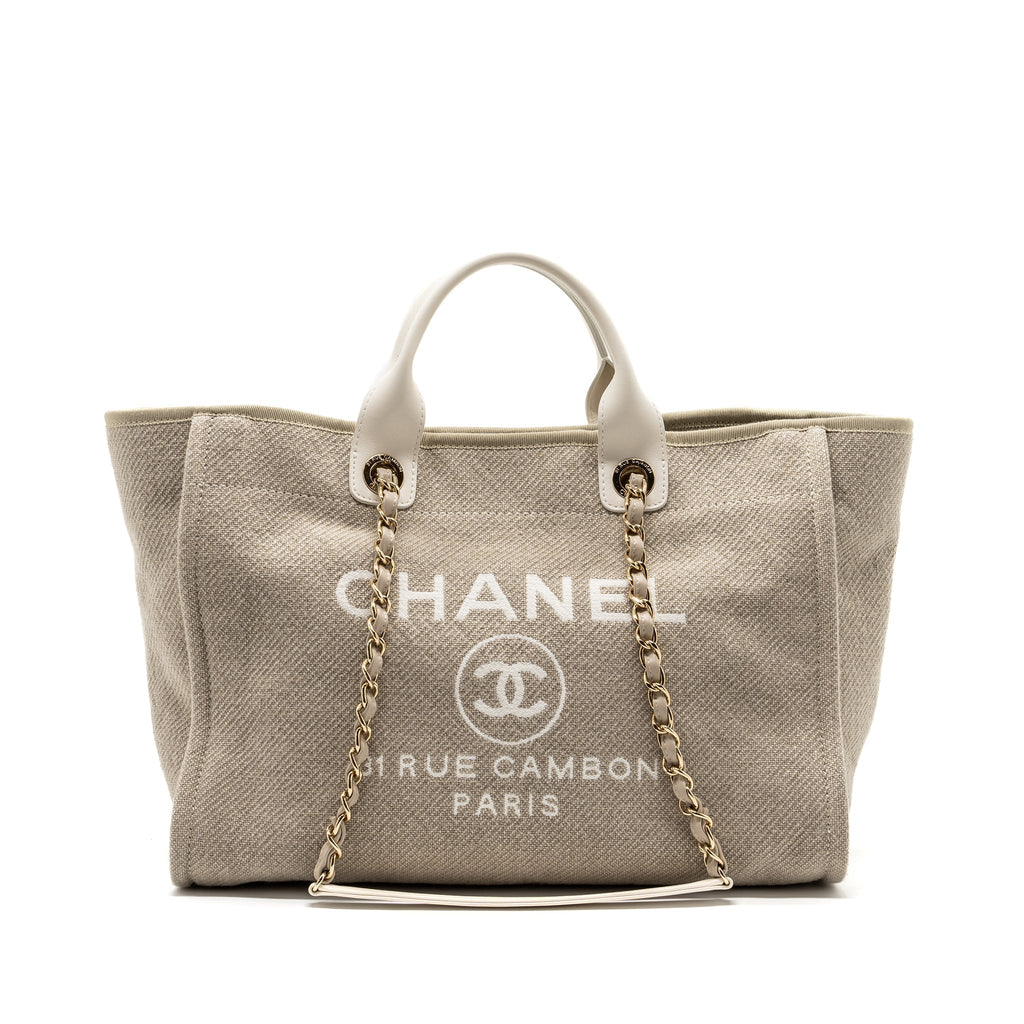 CHANEL DEAUVILLE BAG CANVAS/ LEATHER BEIGE/WHITE GHW (MICROCHIP)