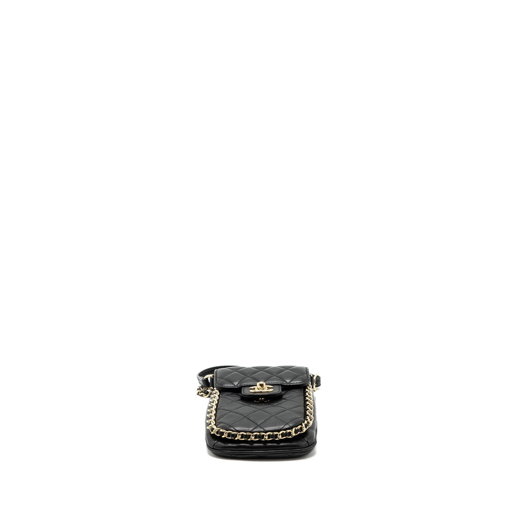 CHANEL PHONE HOLDER WITH CHAIN LAMBSKIN BLACK LGHW