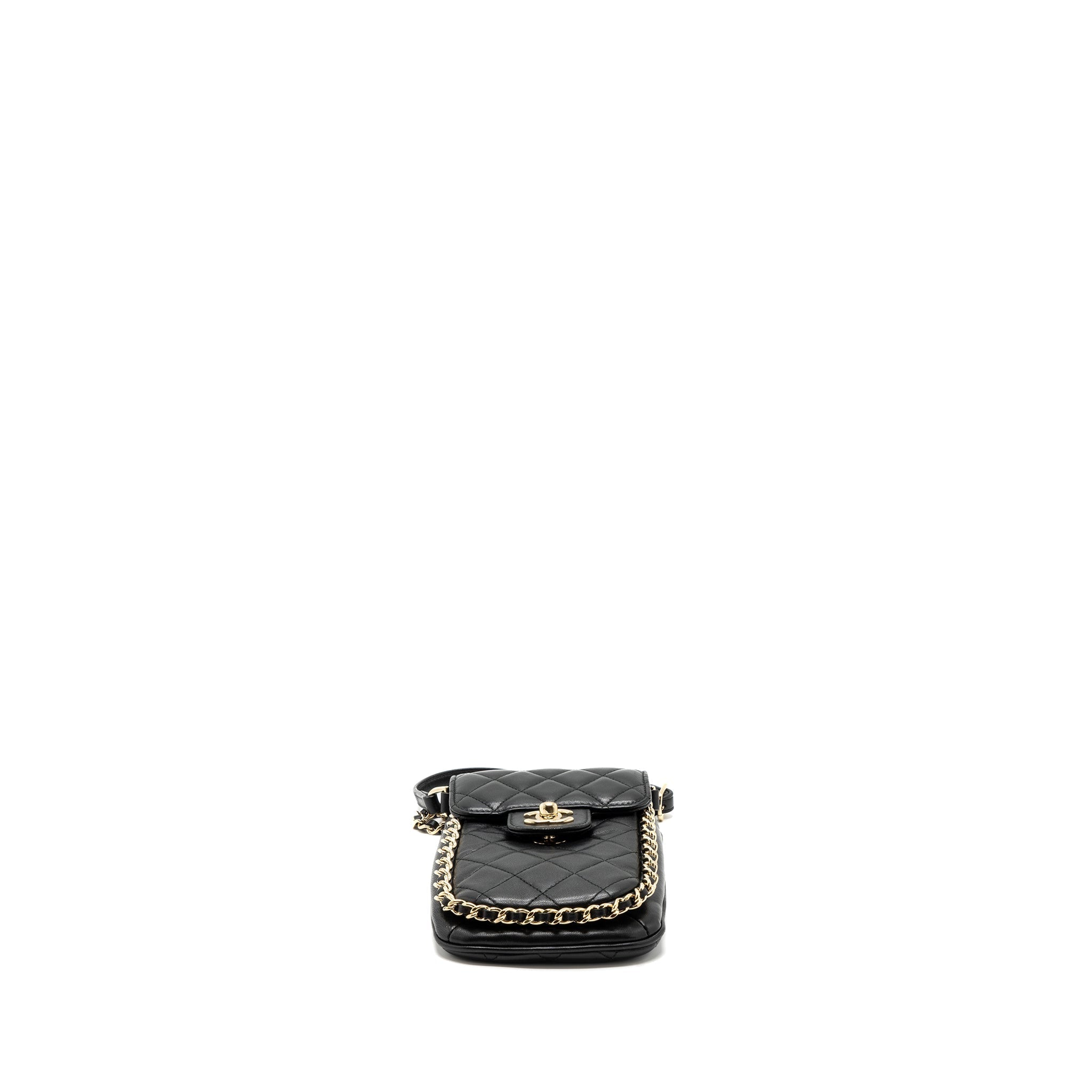 CHANEL PHONE HOLDER WITH CHAIN LAMBSKIN BLACK LGHW