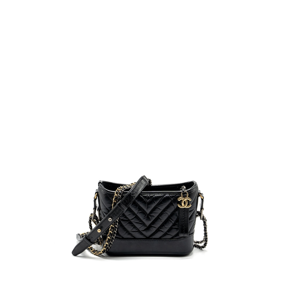 CHANEL SMALL GABRIELLE HOBO BAG CHEVRON AGED CALFSKIN BLACK MULTICOLOUR HARDWARE
