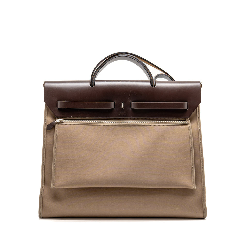 HERMES HERBAG ZIP 39 CANVAS/HUNTER LEATHER ETOUPE/EBENE SHW