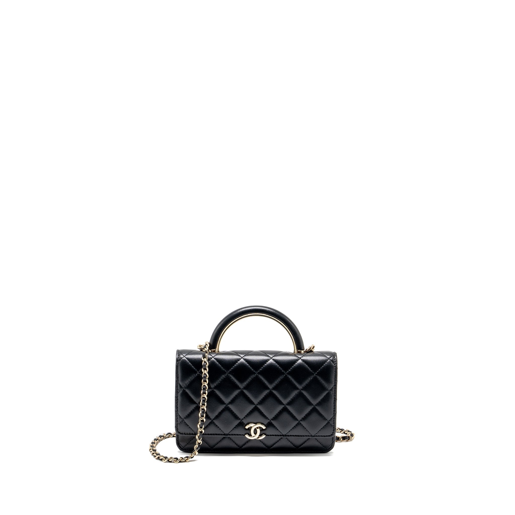 CHANEL LEATHER TOP HANDLE WALLET ON CHAIN LAMBSKIN BLACK LGHW (MICROCHIP)