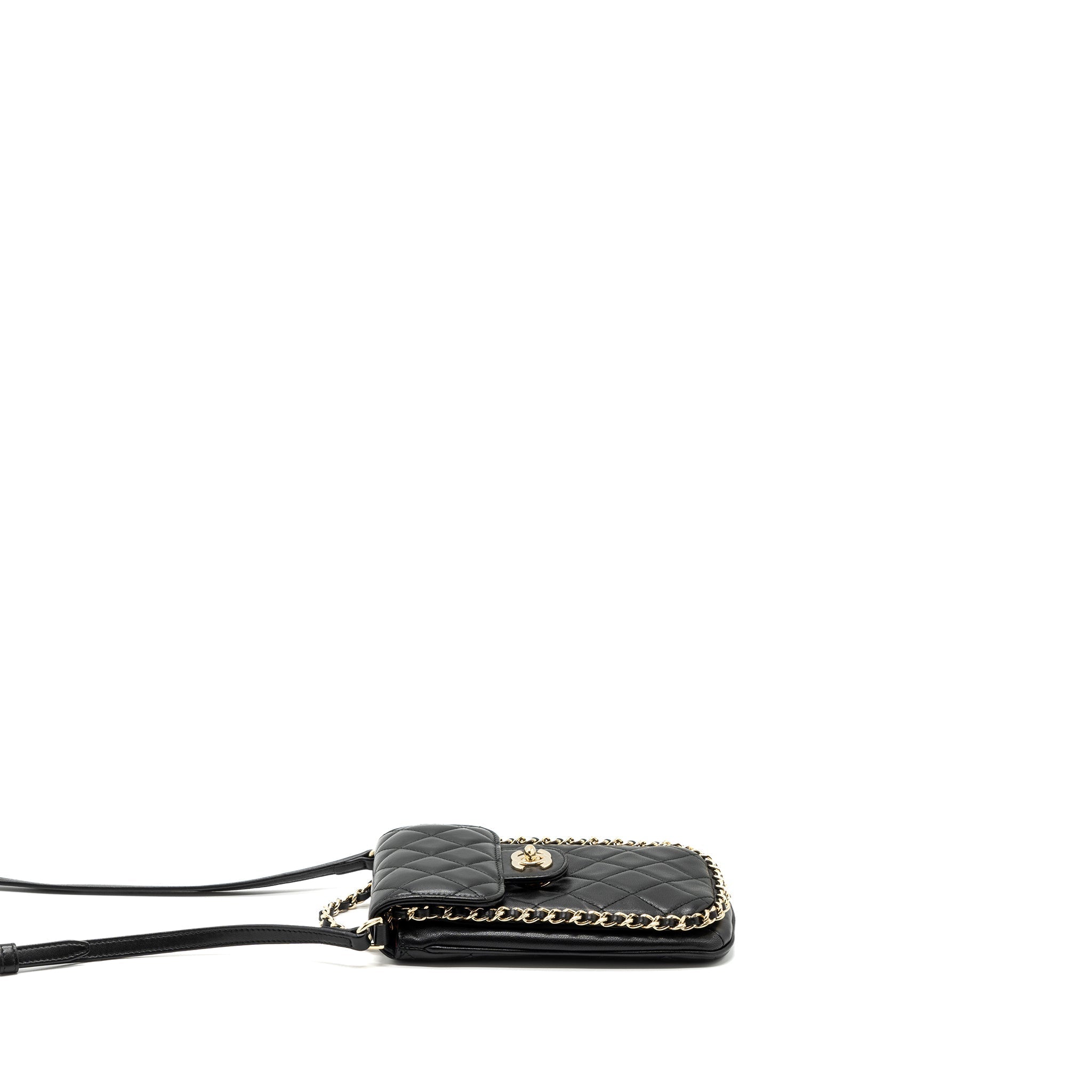 CHANEL PHONE HOLDER WITH CHAIN LAMBSKIN BLACK LGHW