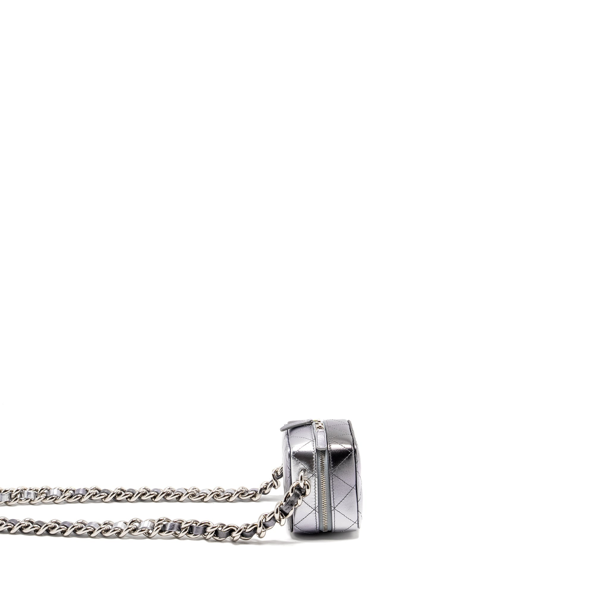 CHANEL MINI QUILTED VANITY WITH GIANT CHAIN LAMBSKIN METALLIC GREY SHW