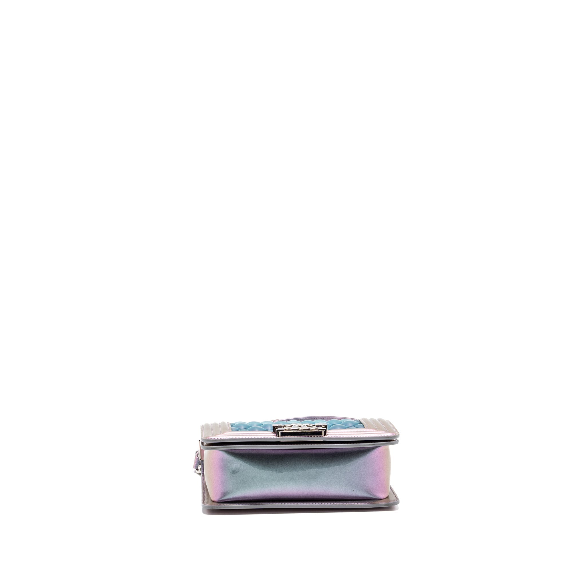 CHANEL 18S SMALL BOY BAG LIMITED PVC / PATENT CALFSKIN LEATHER IRIDESCENT LIGHT PURPLE SHW