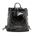 CHANEL LARGE 22 BACKPACK GOLD LETTER LOGO SHINY CALFSKIN BLACK GHW(MICROCHIP)