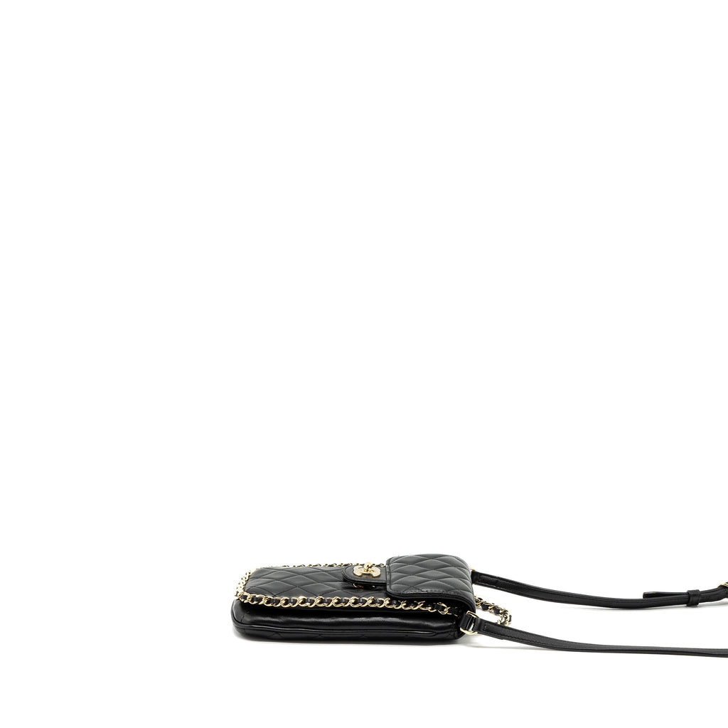 CHANEL PHONE HOLDER WITH CHAIN LAMBSKIN BLACK LGHW