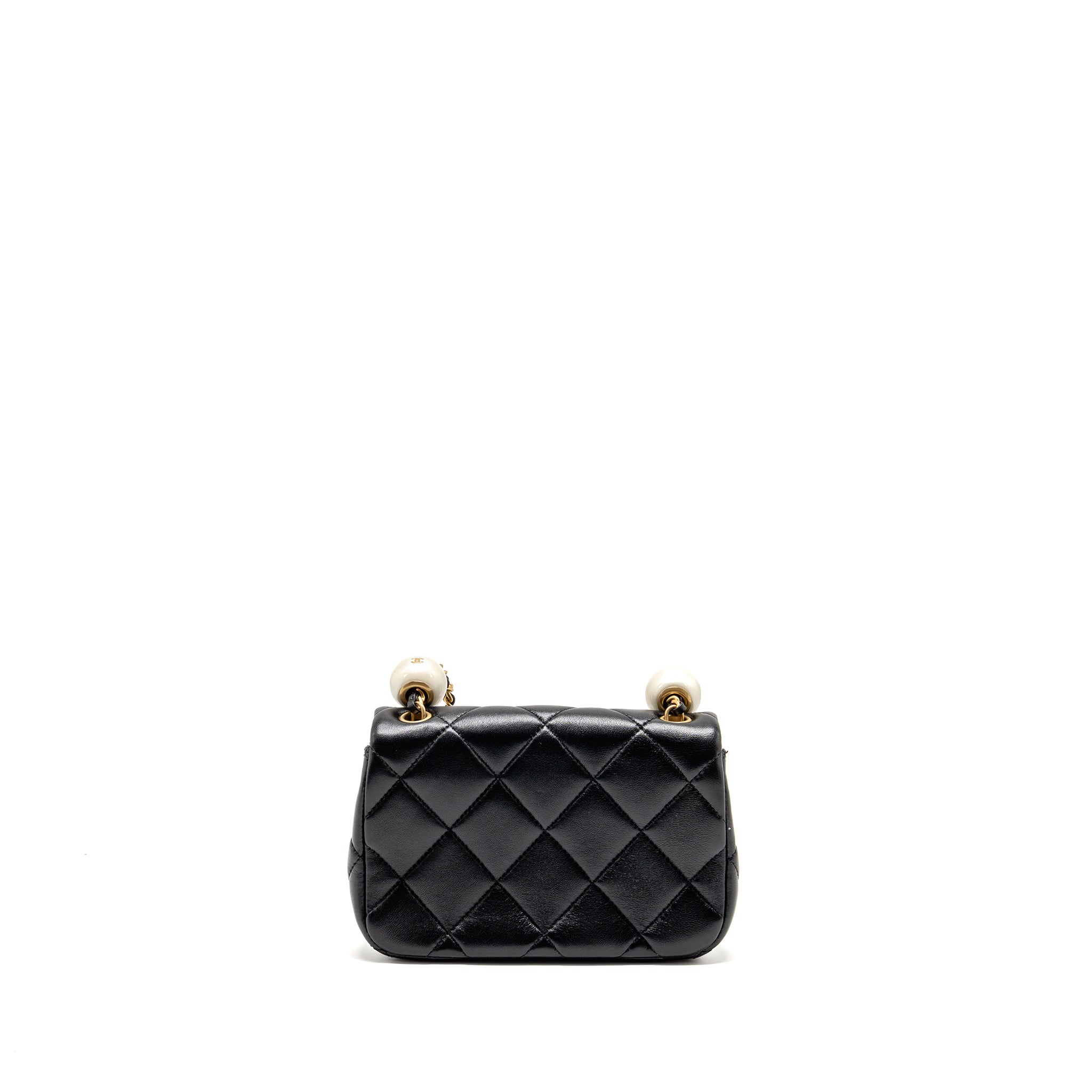 CHANEL 24S PEARL ADJUSTABLE CHAIN MINI FLAP BAG LAMBSKIN BLACK GHW (MICROCHIP)