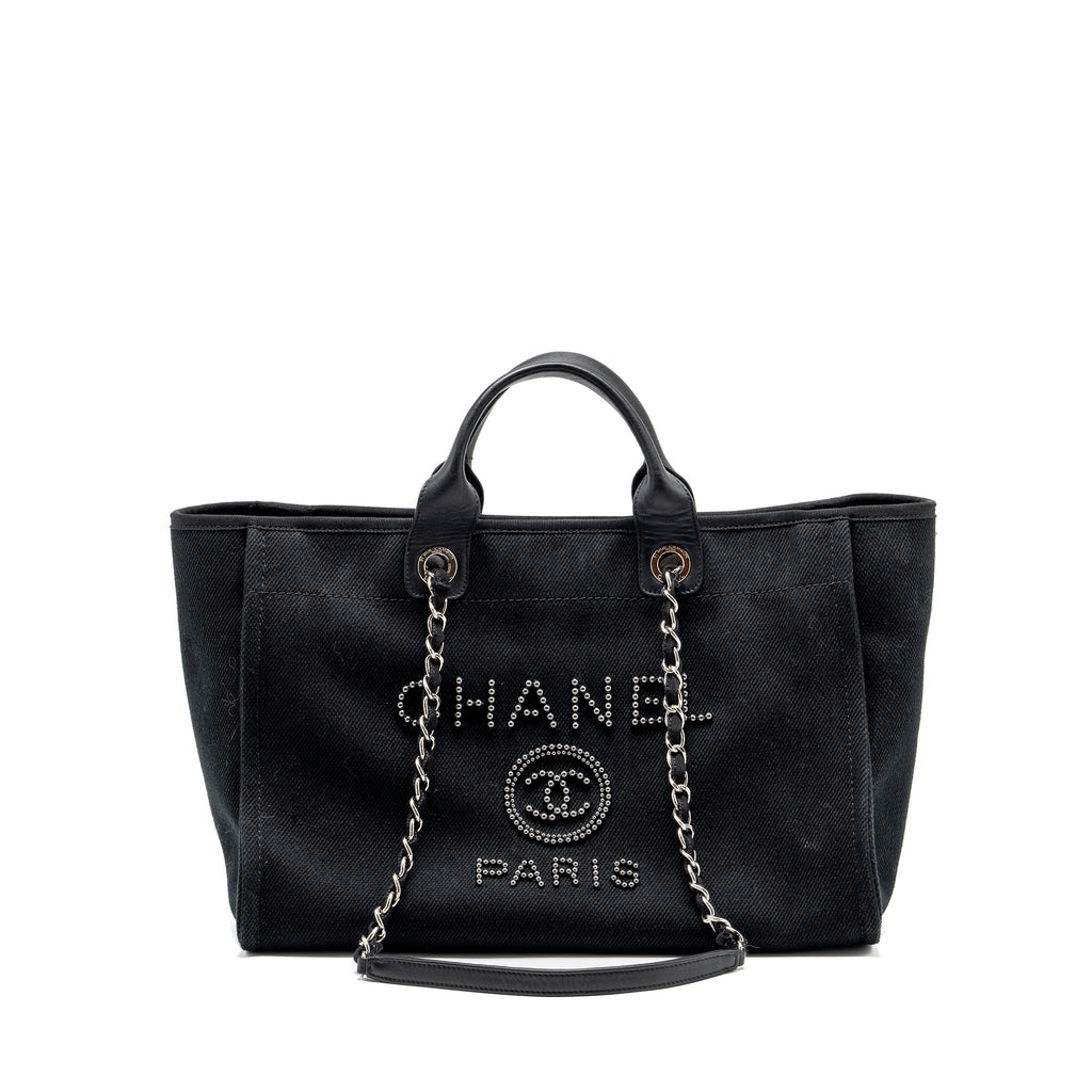 CHANEL LARGE DEAUVILLE BLACK-STUDDED TOTE BAG CANVAS/LEATHER BLACK SHW