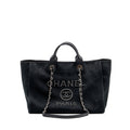 CHANEL LARGE DEAUVILLE BLACK-STUDDED TOTE BAG CANVAS/LEATHER BLACK SHW
