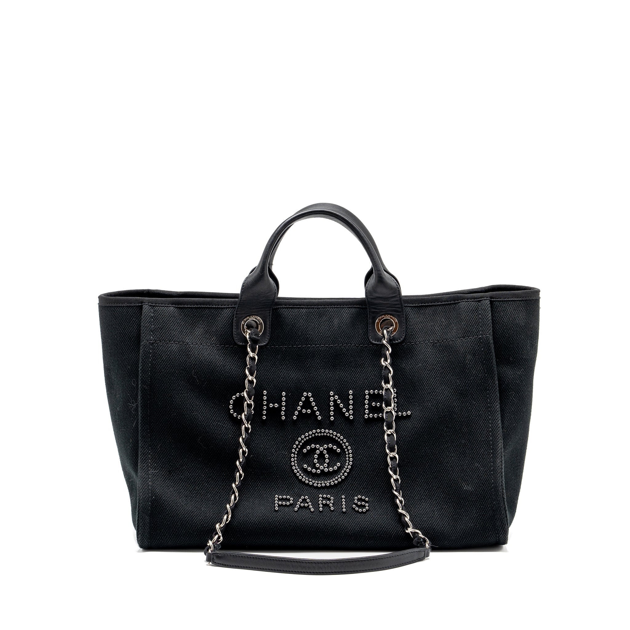 CHANEL LARGE DEAUVILLE BLACK-STUDDED TOTE BAG CANVAS/LEATHER BLACK SHW