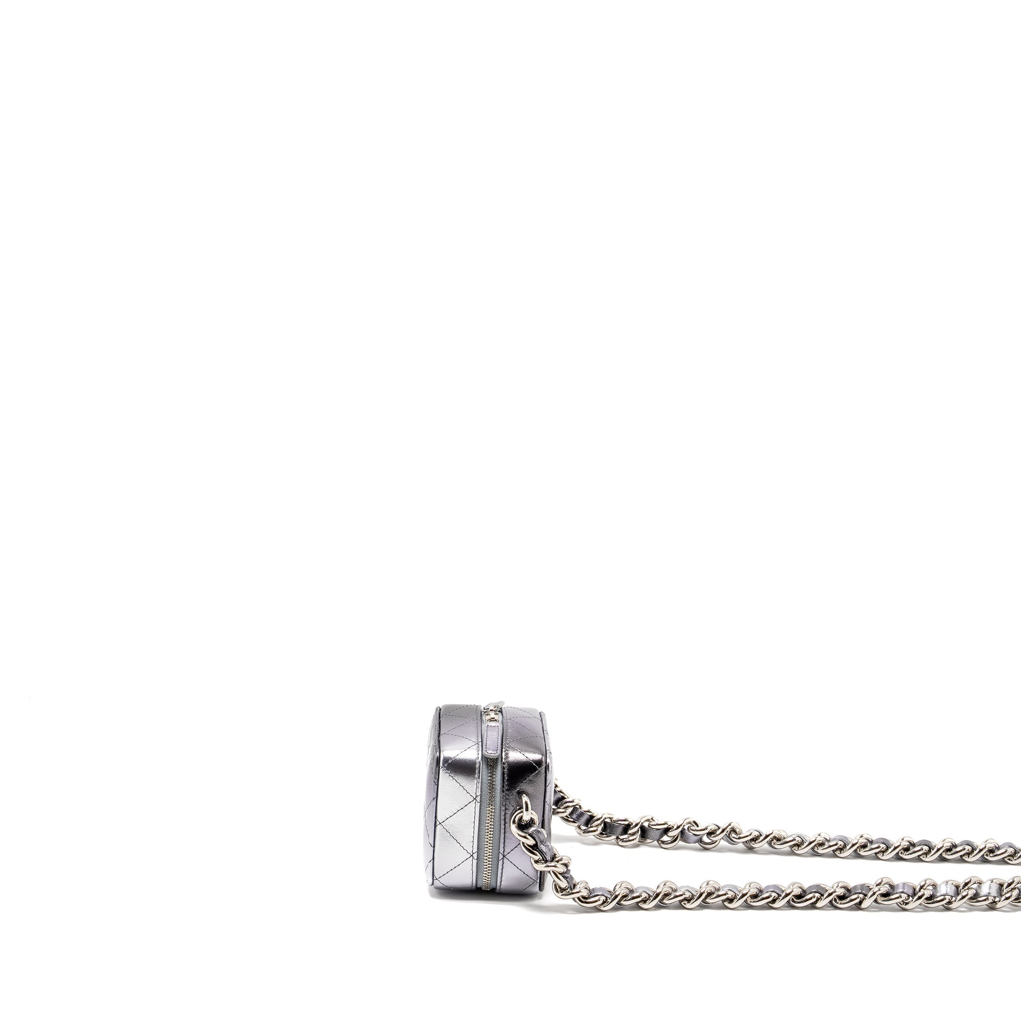 CHANEL MINI QUILTED VANITY WITH GIANT CHAIN LAMBSKIN METALLIC GREY SHW
