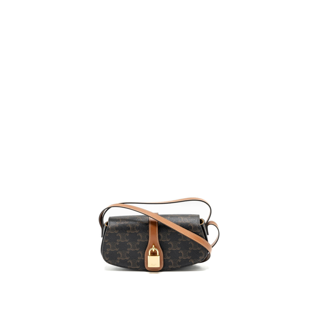 CELINE CLUTCH ON STRAP TABOU TRIOMPHE CANVAS/ CALFSKIN TAN GHW