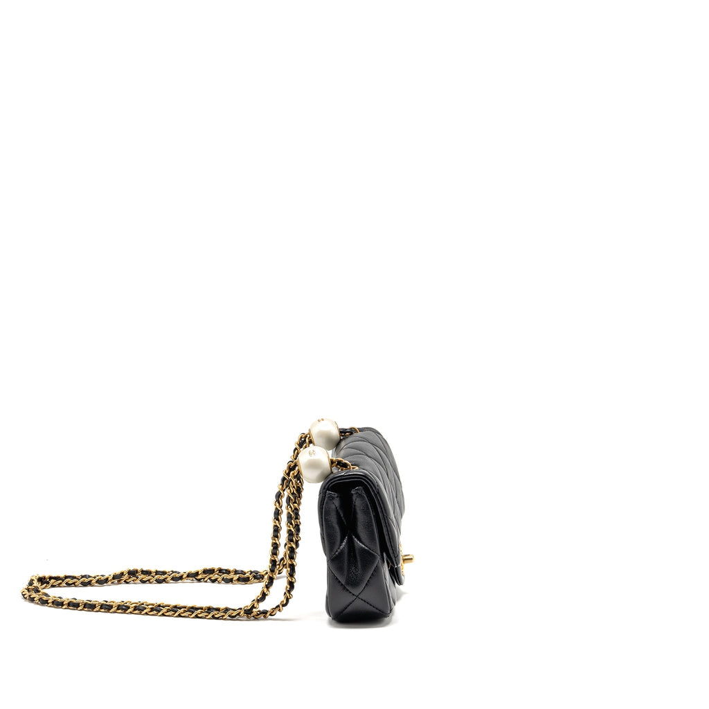 CHANEL 24S PEARL ADJUSTABLE CHAIN MINI FLAP BAG LAMBSKIN BLACK GHW (MICROCHIP)
