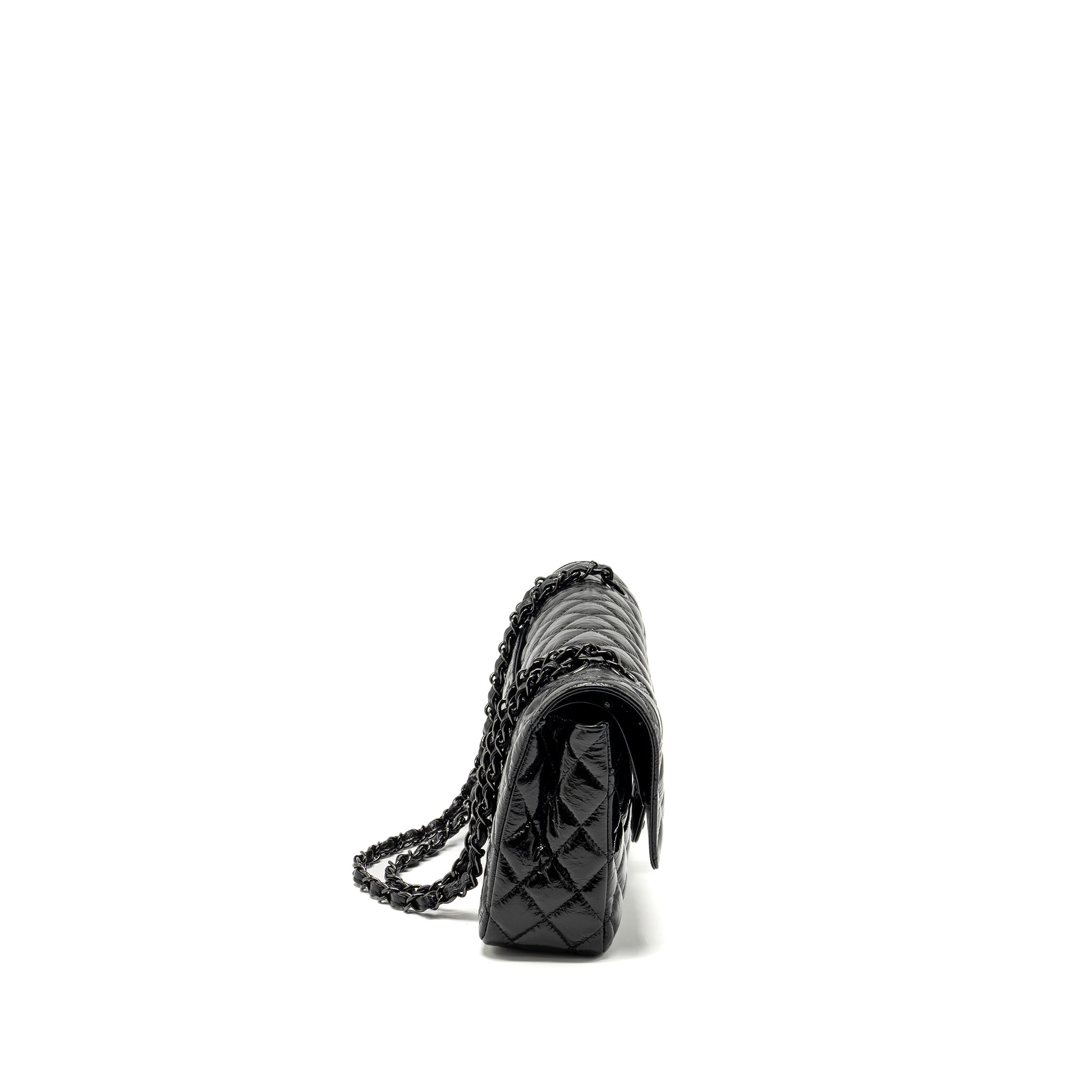 CHANEL MEDIUM CLASSIC DOUBLE FLAP BAG SHINY AGED CALFSKIN SO BLACK