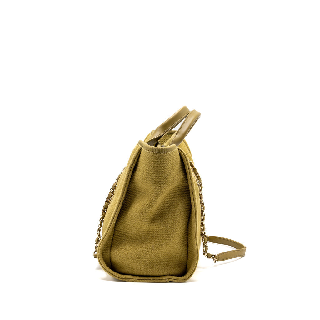 CHANEL DEAUVILLE TOTE BAG CANVAS OLIVE GREEN LGHW (MICROCHIP)