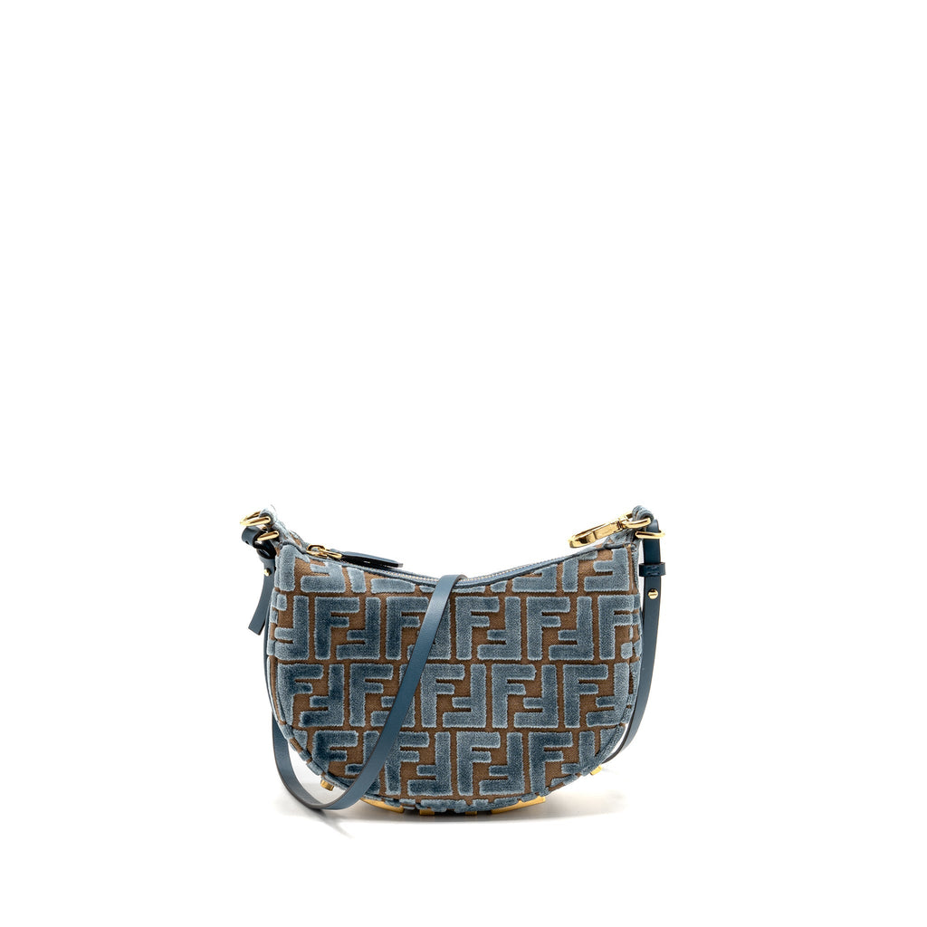 FENDI FENDIGRAPHY MINI BAG FF JACQUARD VELVET LIGHT BLUE/BROWN GHW