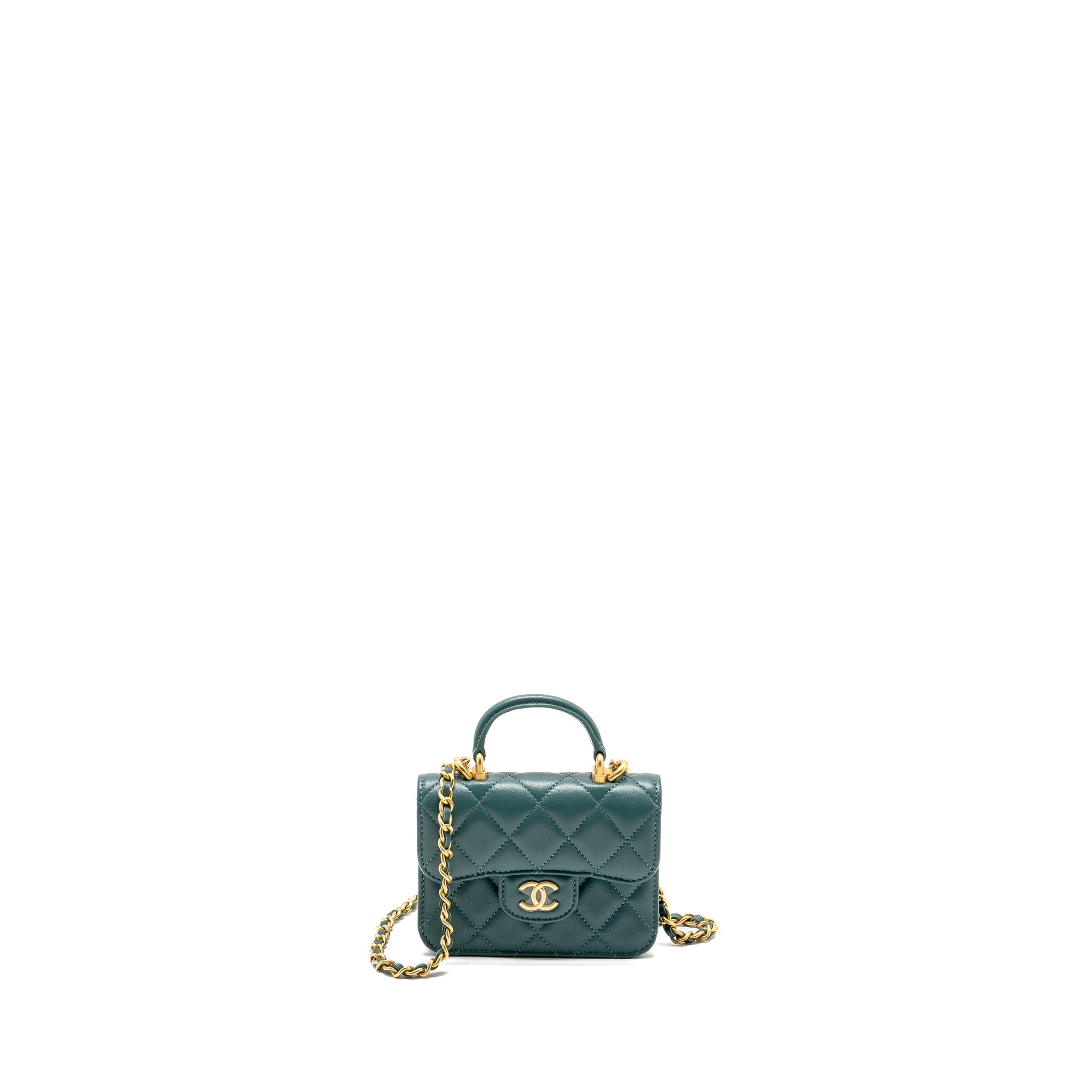 CHANEL TOP HANDLE MINI FLAP BAG LAMBSKIN GREEN GHW