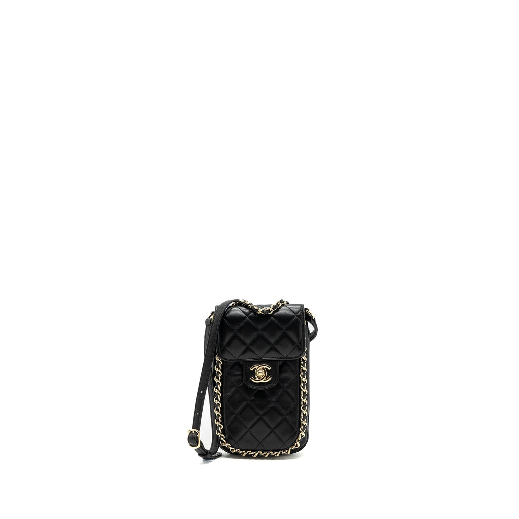 CHANEL PHONE HOLDER WITH CHAIN LAMBSKIN BLACK LGHW