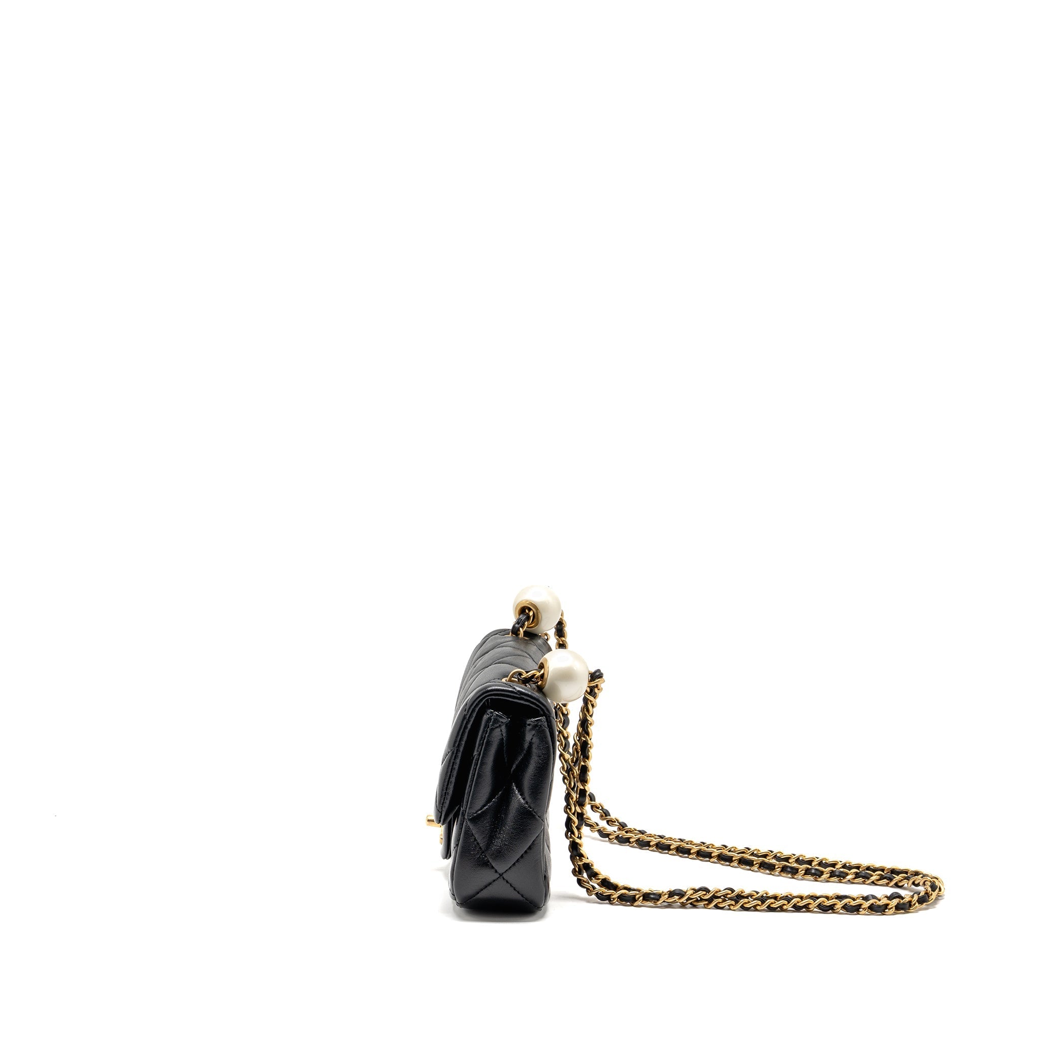 CHANEL 24S PEARL ADJUSTABLE CHAIN MINI FLAP BAG LAMBSKIN BLACK GHW (MICROCHIP)