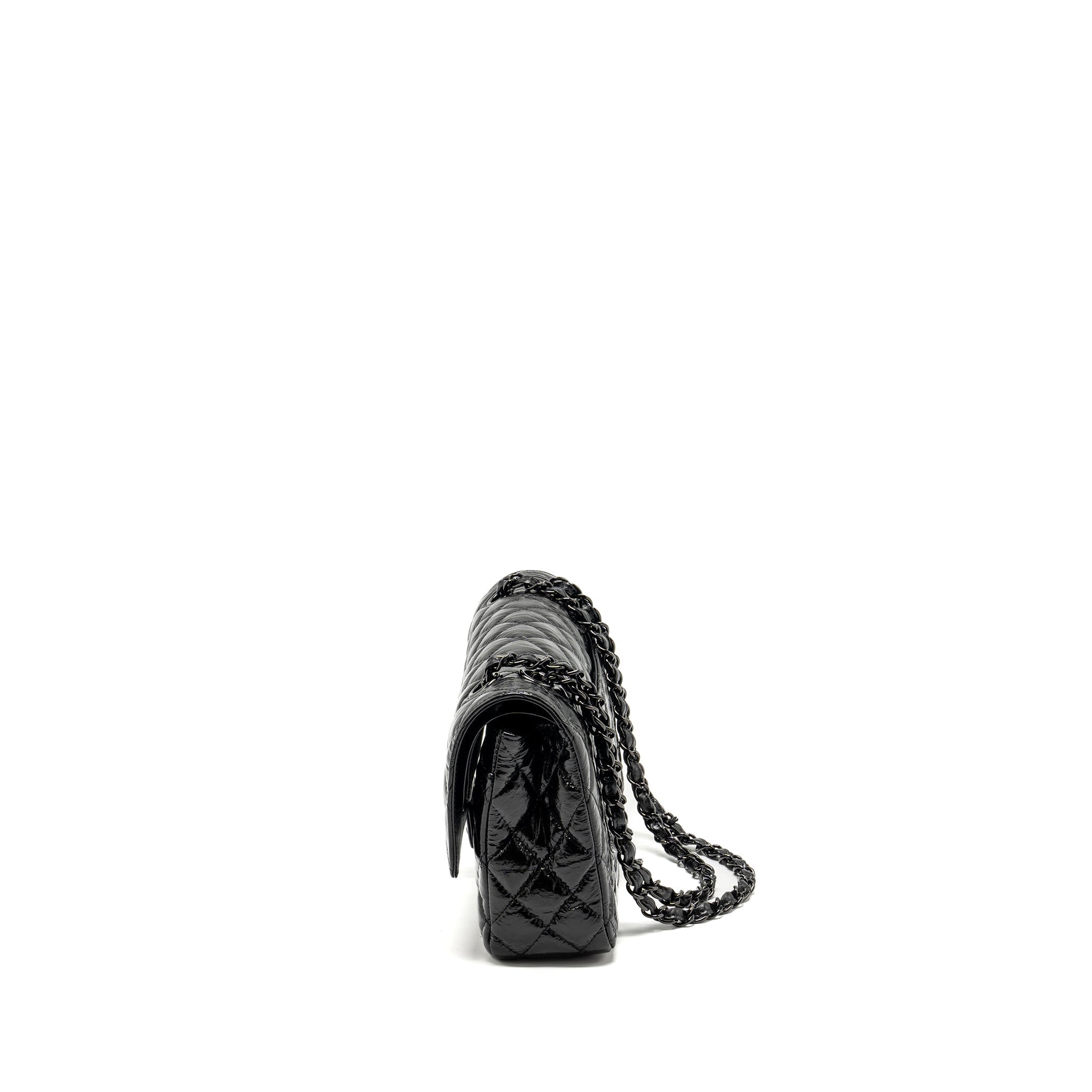 CHANEL MEDIUM CLASSIC DOUBLE FLAP BAG SHINY AGED CALFSKIN SO BLACK