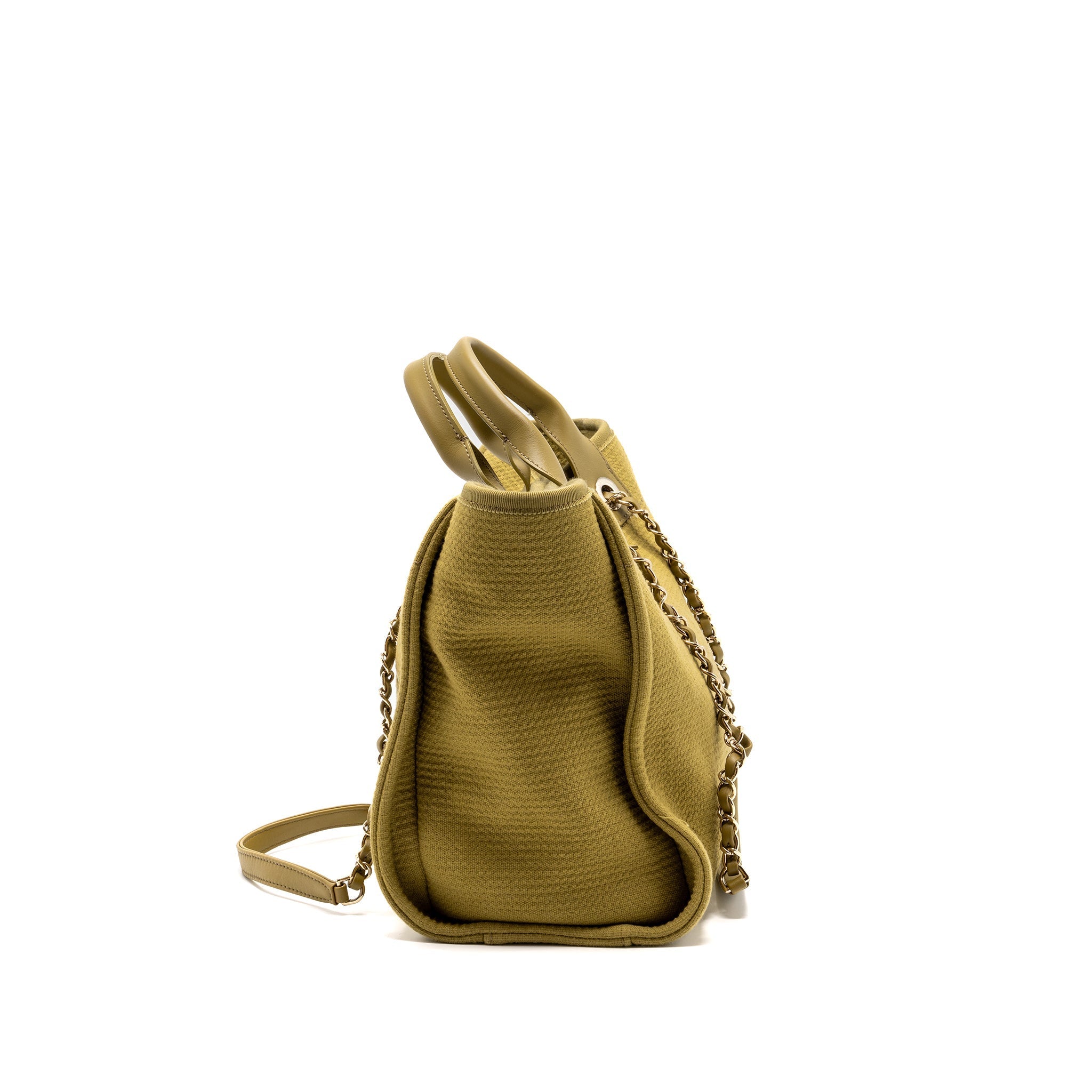 CHANEL DEAUVILLE TOTE BAG CANVAS OLIVE GREEN LGHW (MICROCHIP)