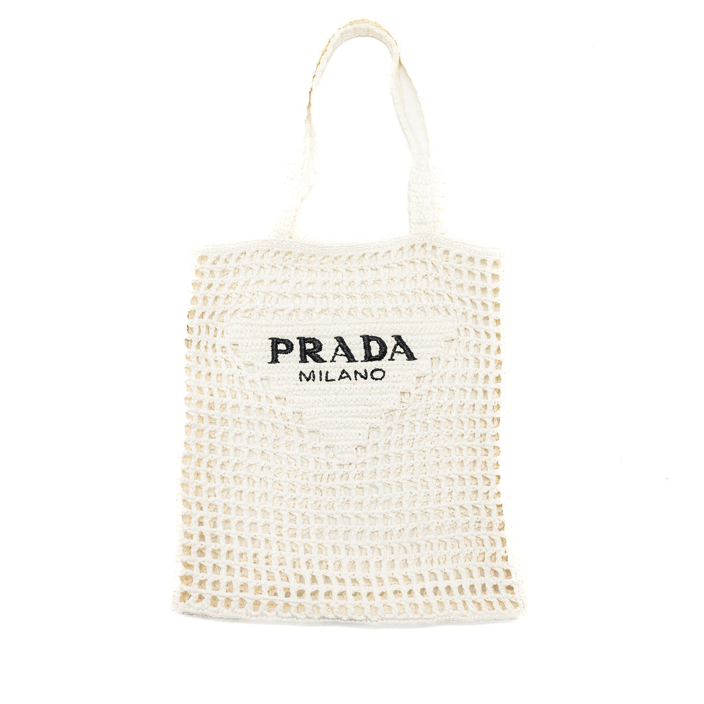 PRADA CROCHET TOTE BAG RAFFIA WHITE