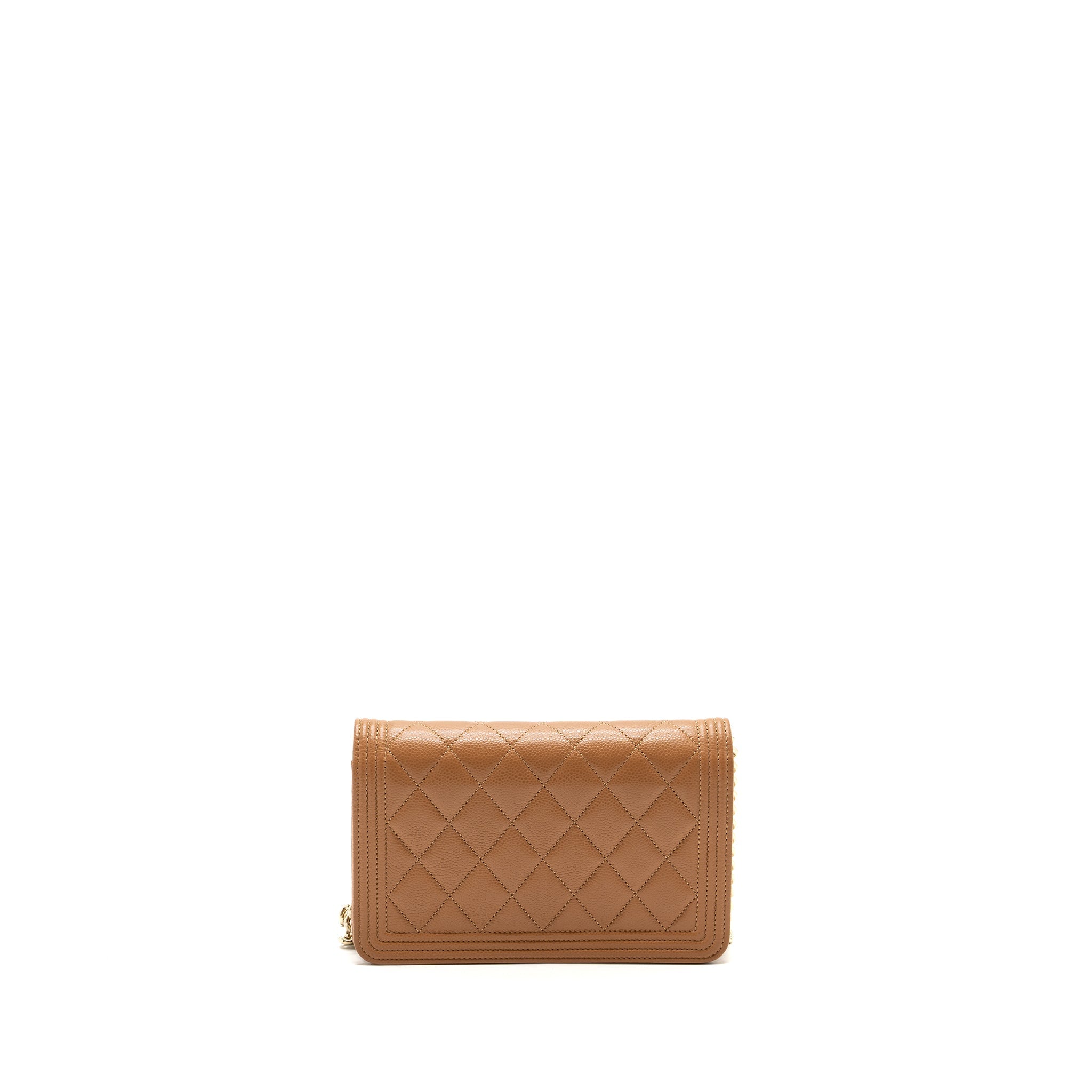 CHANEL BOY WALLET ON CHAIN CAVIAR LIGHT CARAMEL LGHW (MICROCHIP)