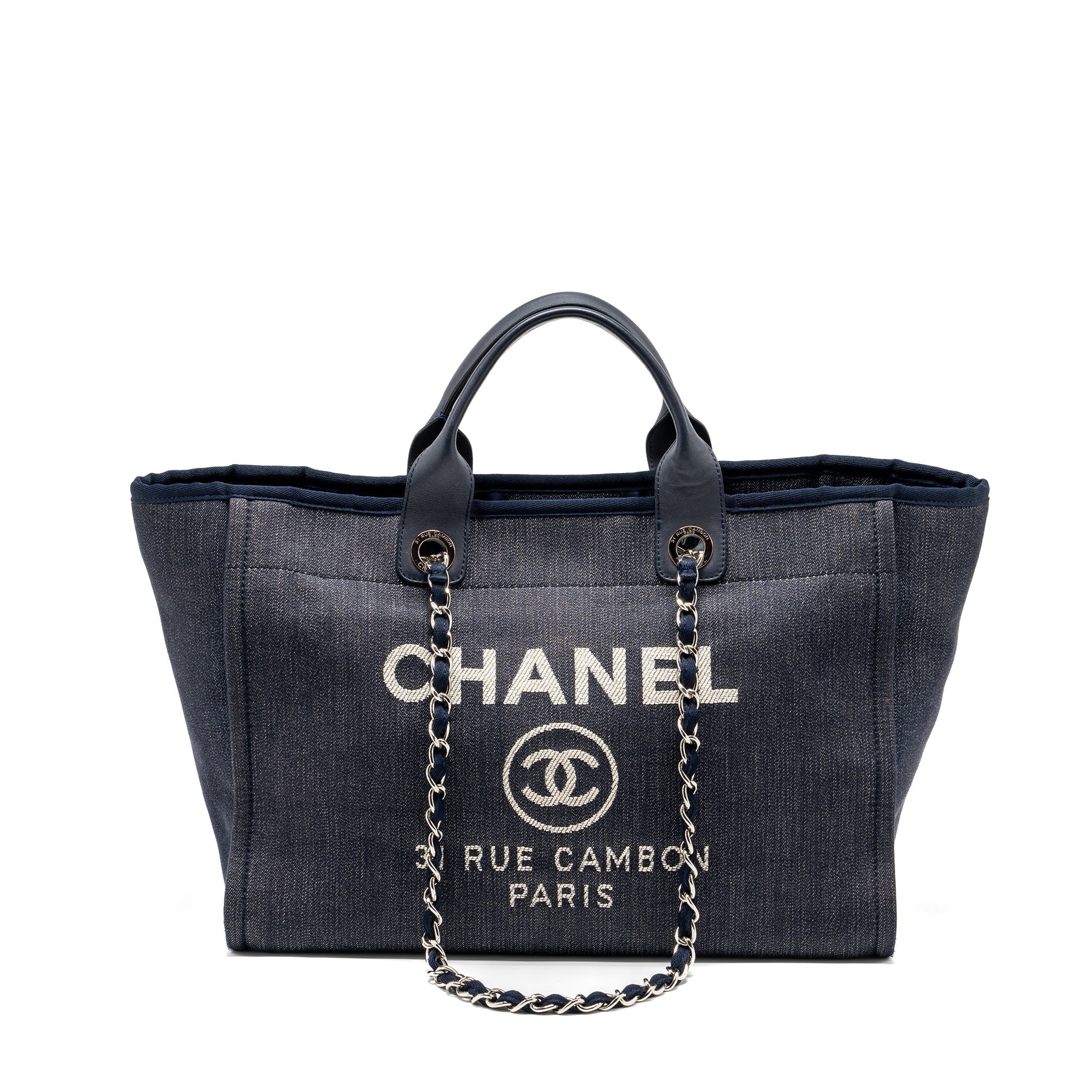 CHANEL DEAUVILLE TOTE BAG DENIM/CALFSKIN DARK BLUE SHW