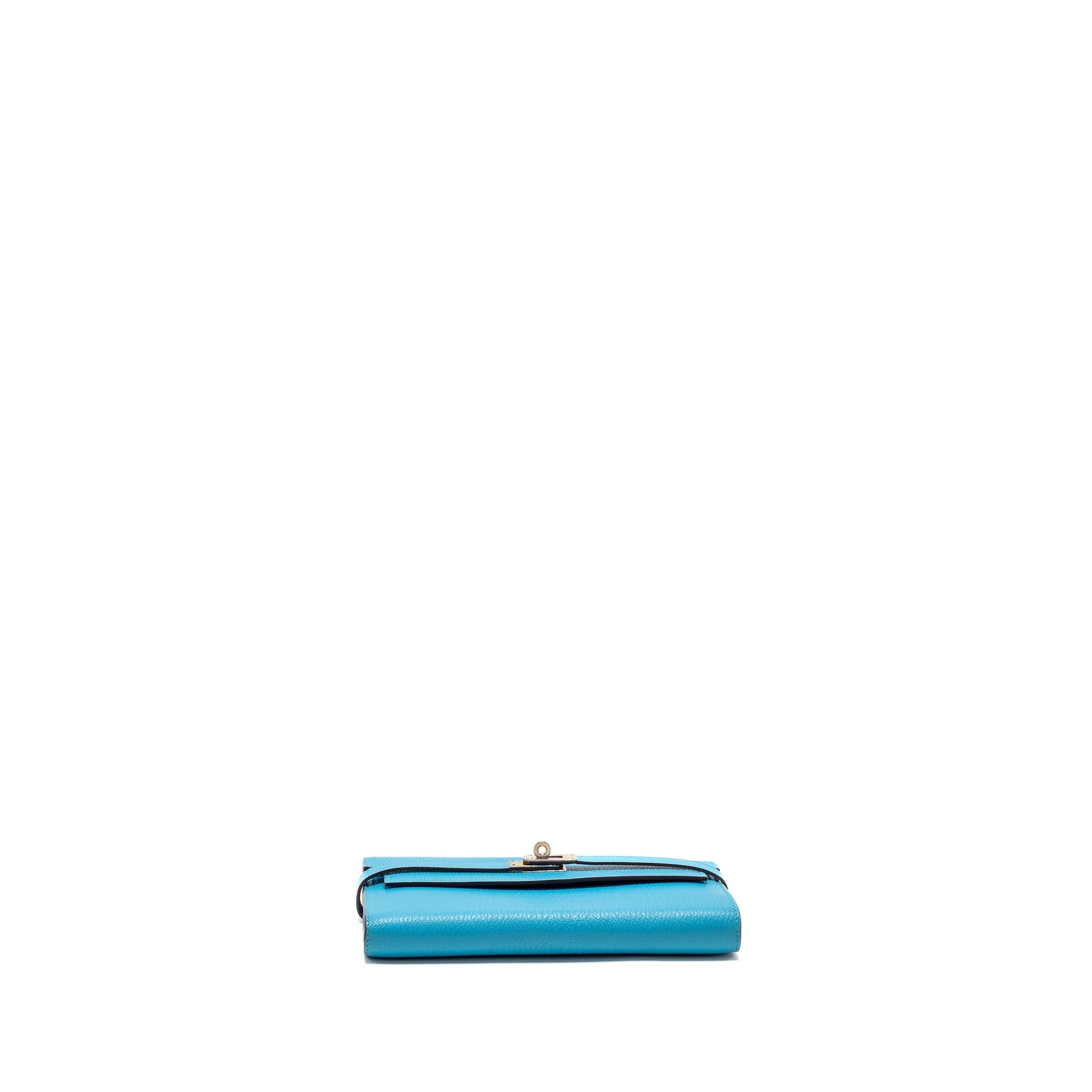 HERMES KELLY LONG WALLET CHEVRE MYSORE LEATHER BLUE AZTEQUE SHW