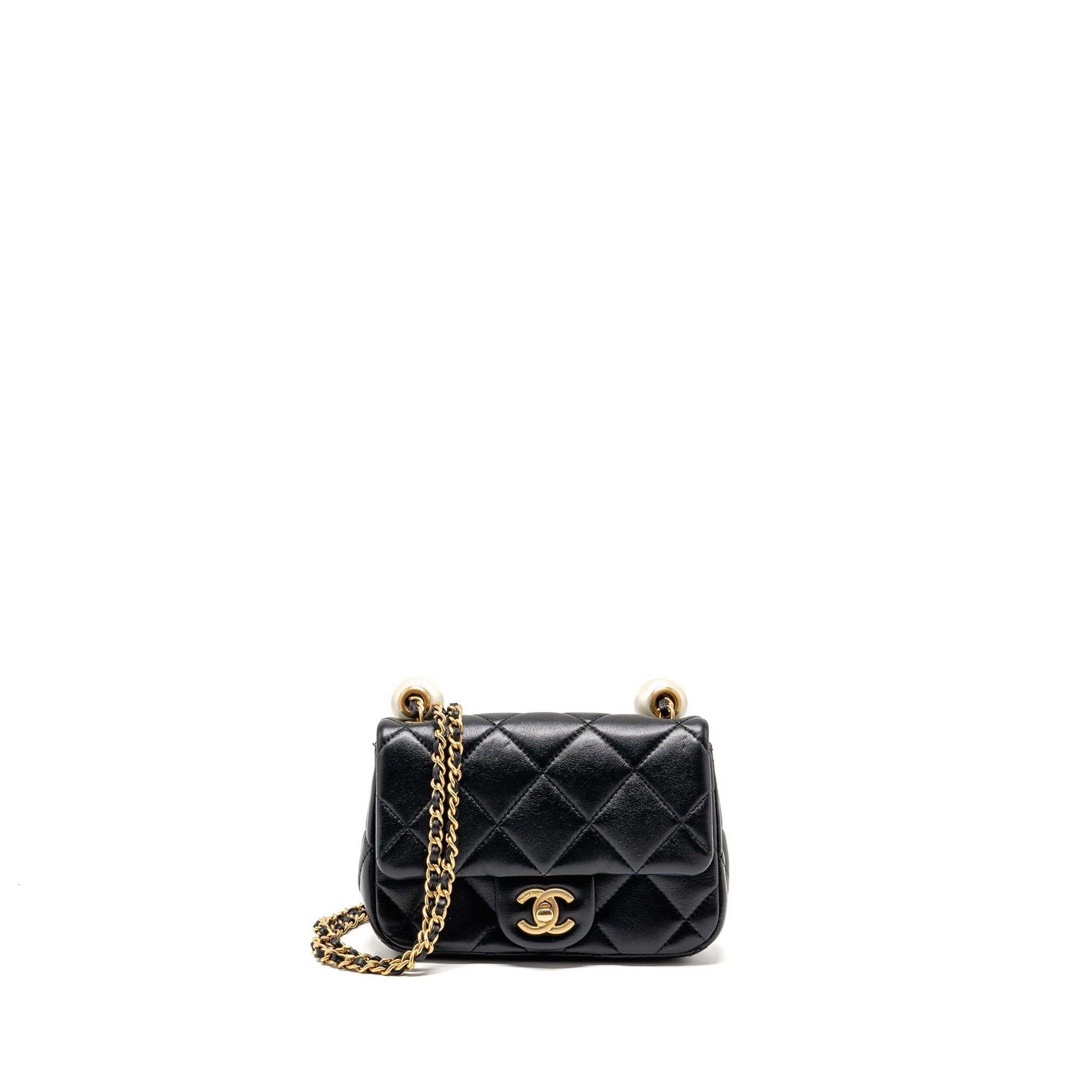 CHANEL 24S PEARL ADJUSTABLE CHAIN MINI FLAP BAG LAMBSKIN BLACK GHW (MICROCHIP)