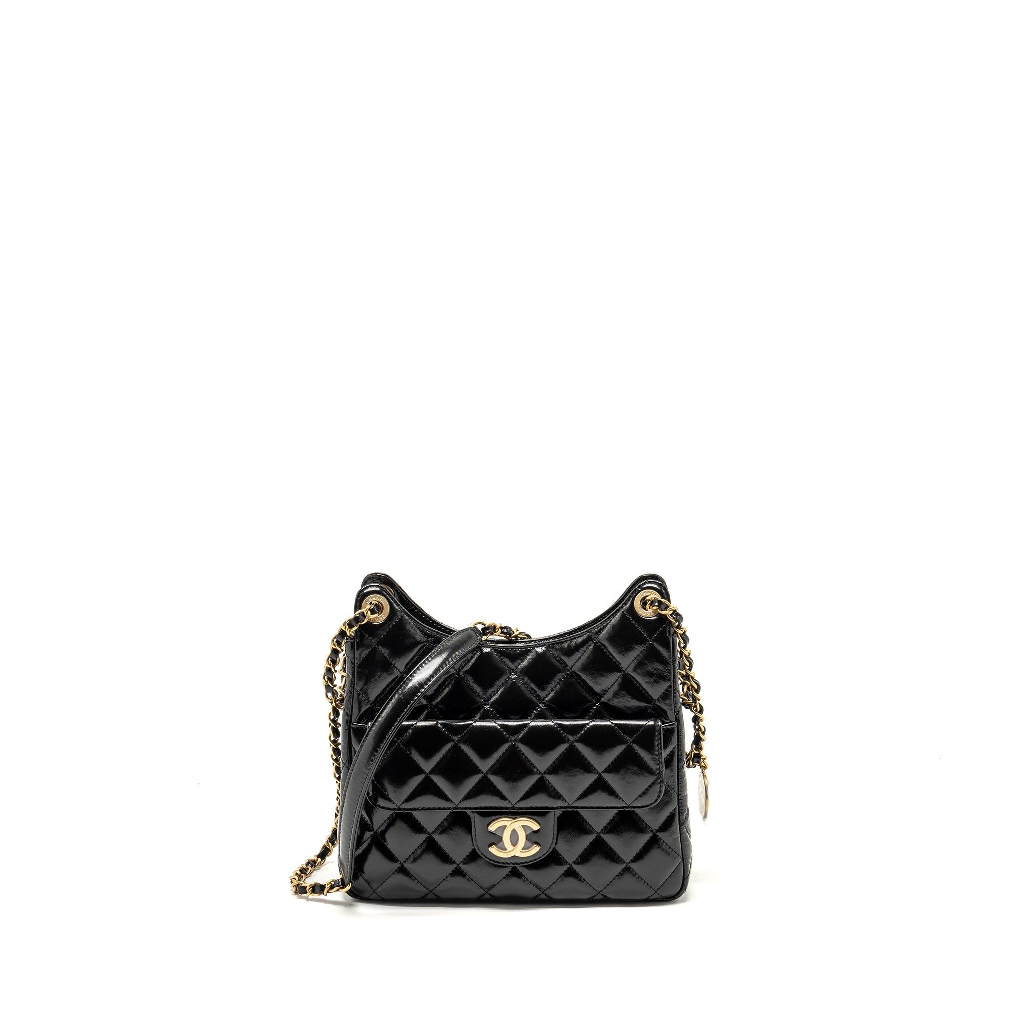 CHANEL 23C HOBO BAG SHINY CALFSKIN BLACK BRUSHED GHW (MICROCHIP)