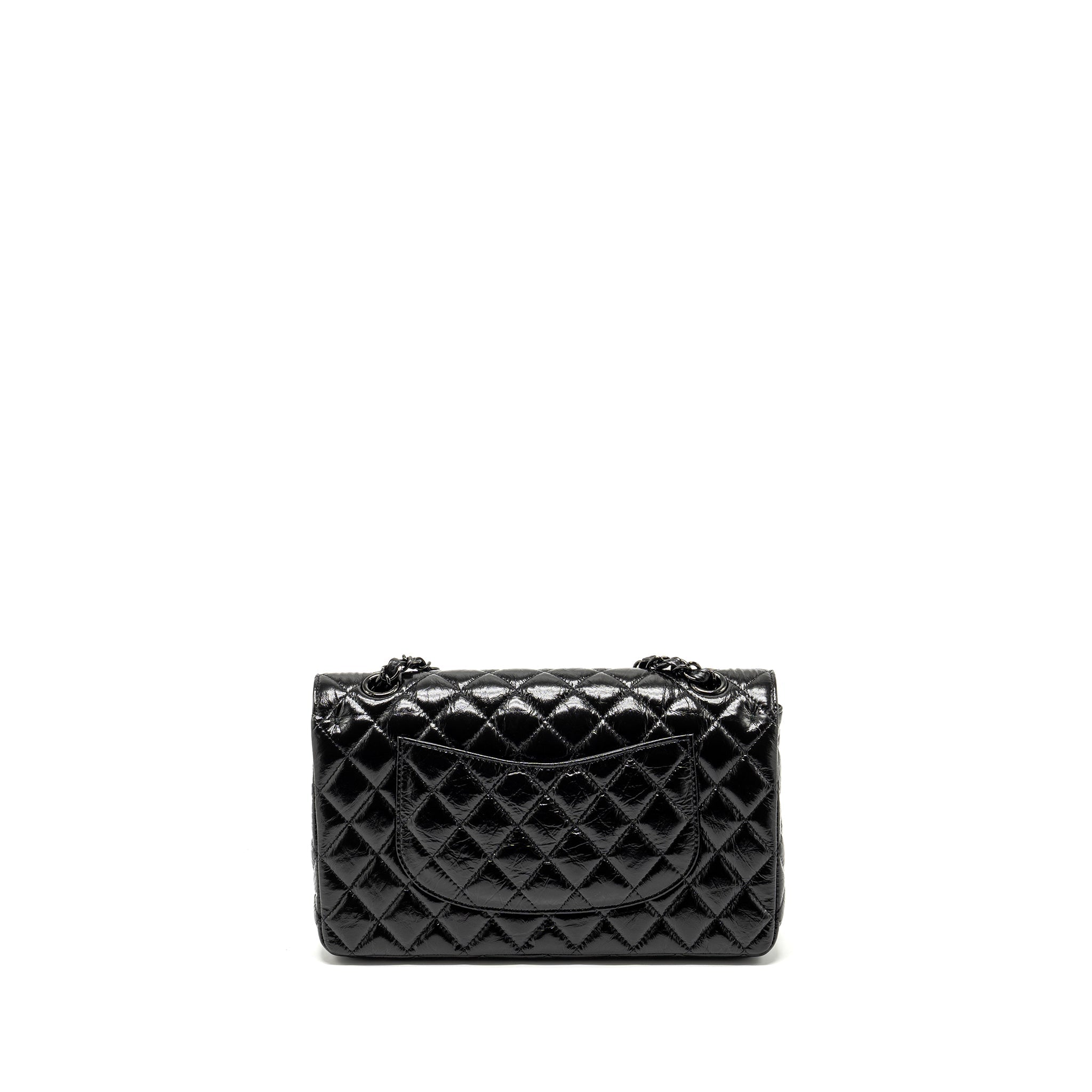 CHANEL MEDIUM CLASSIC DOUBLE FLAP BAG SHINY AGED CALFSKIN SO BLACK