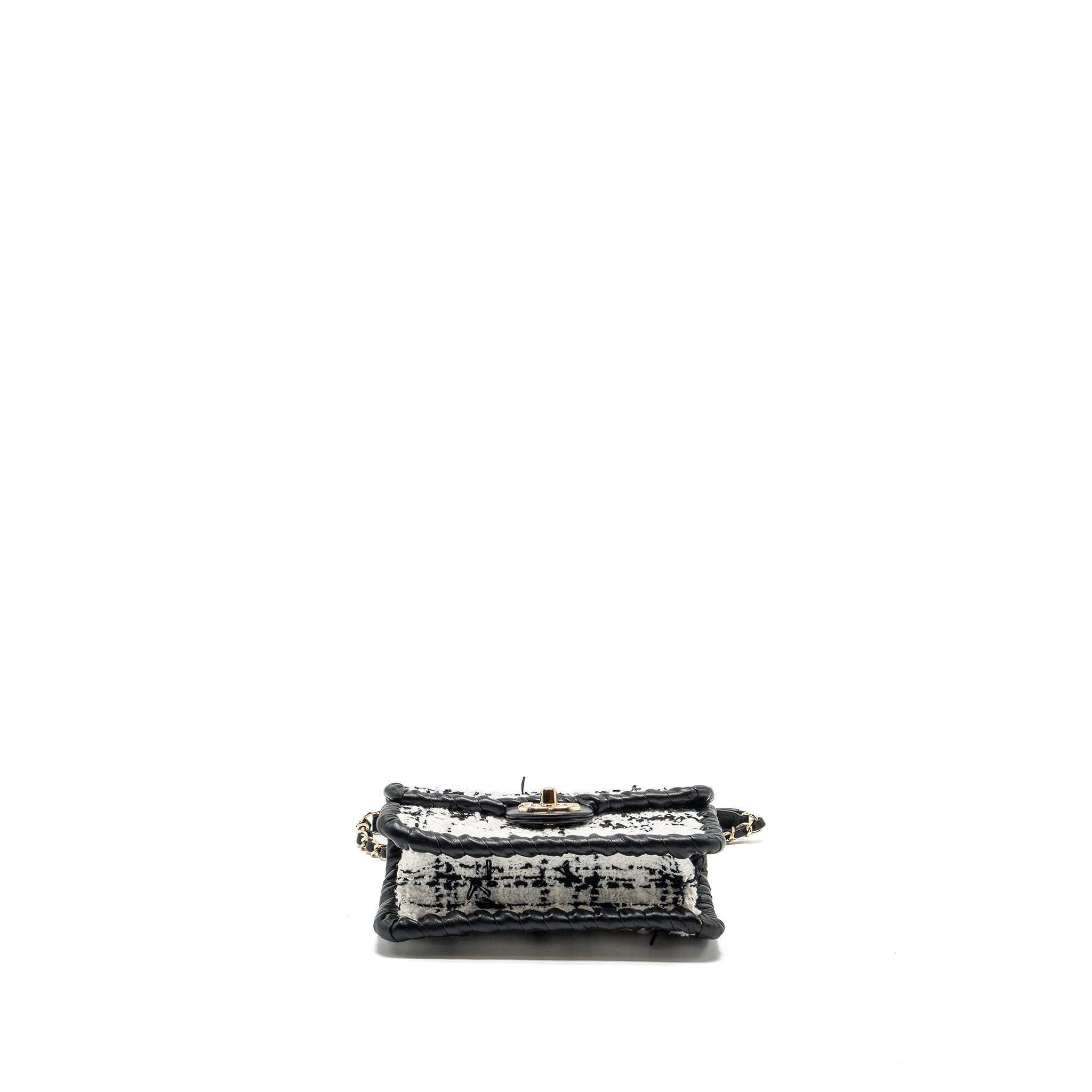 CHANEL SEASONAL MINI SQUARE FLAP BAG TWEED WHITE/BLACK LGHW (MICROCHIP)