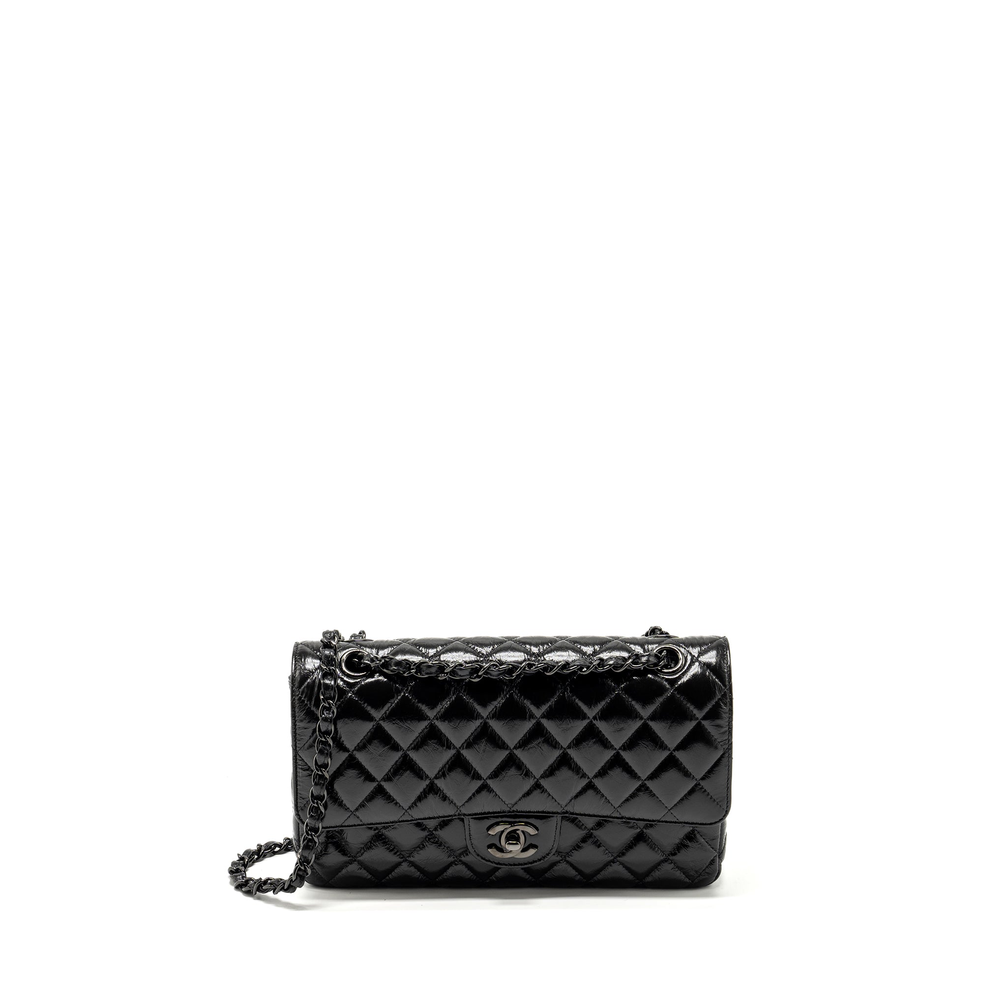 CHANEL MEDIUM CLASSIC DOUBLE FLAP BAG SHINY AGED CALFSKIN SO BLACK