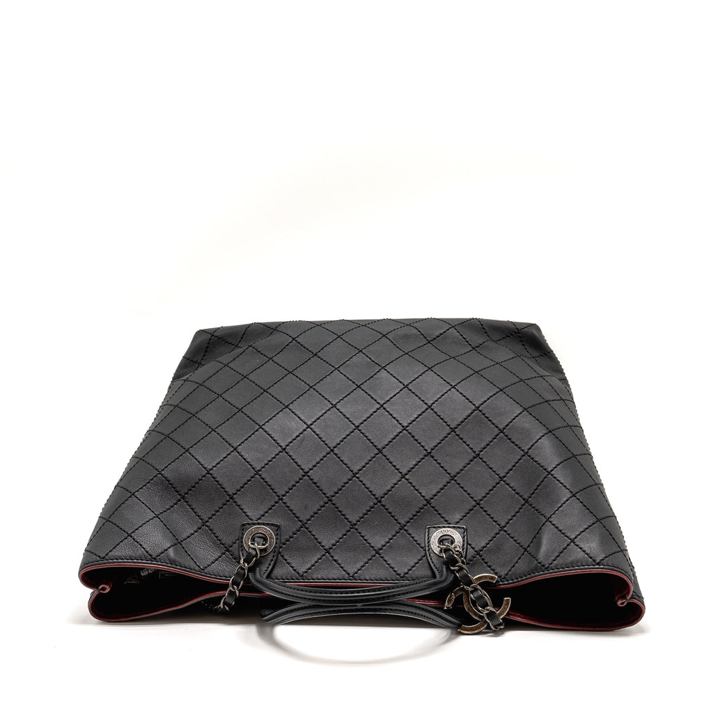 CHANEL ON THE ROAD STITCHED TOTE BAG CALFSKIN BLACK RUTHENIUM SILVER HARDWARE