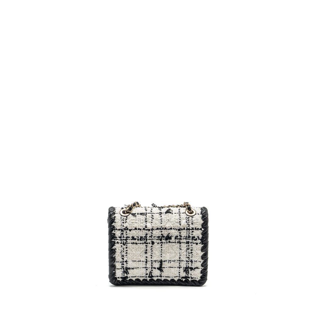 CHANEL SEASONAL MINI SQUARE FLAP BAG TWEED WHITE/BLACK LGHW (MICROCHIP)