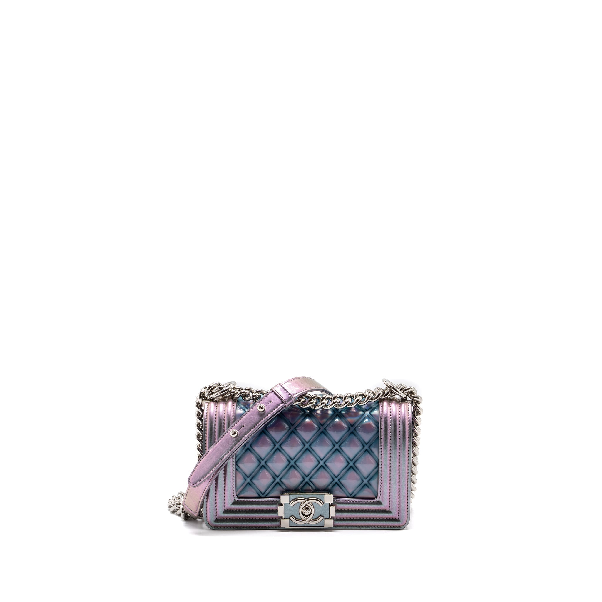 CHANEL 18S SMALL BOY BAG LIMITED PVC / PATENT CALFSKIN LEATHER IRIDESCENT LIGHT PURPLE SHW