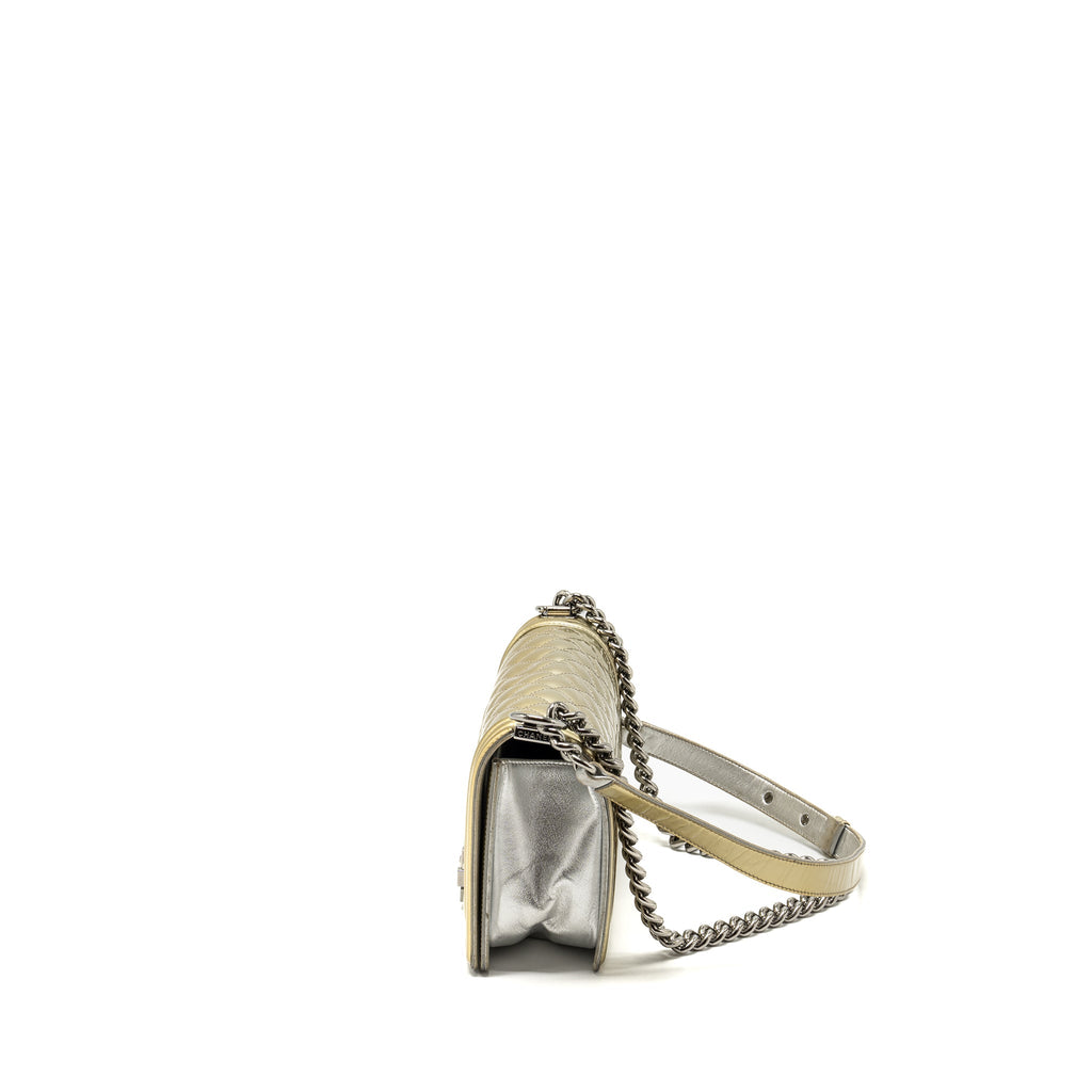 CHANEL MEDIUM BOY BAG PATENT LIGHT GOLD / SILVER SHW