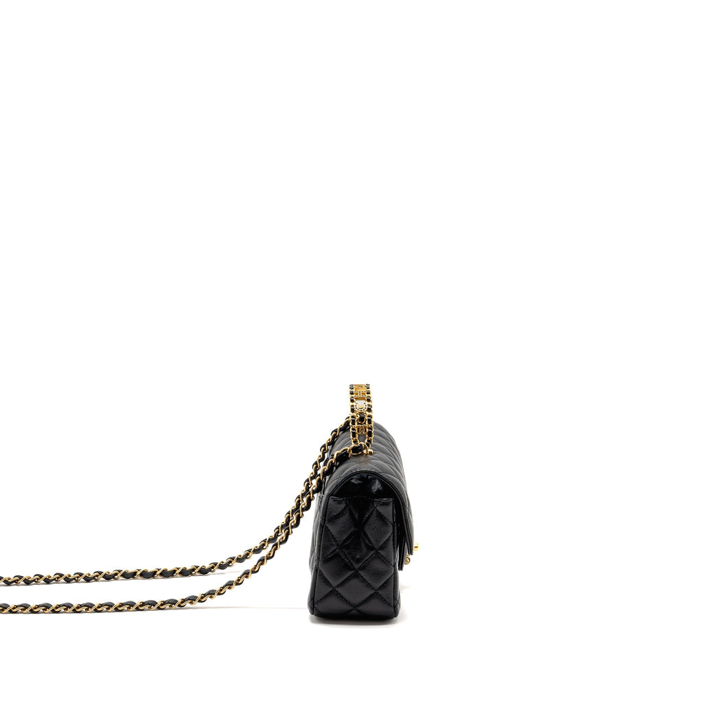 CHANEL 24C DETAIL TOP HANDLE FLAP BAG LAMBSKIN BLACK GHW (MICROCHIP)