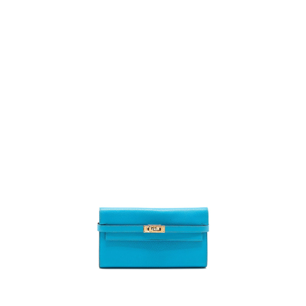 HERMES KELLY LONG WALLET CHEVRE MYSORE LEATHER BLUE AZTEQUE SHW