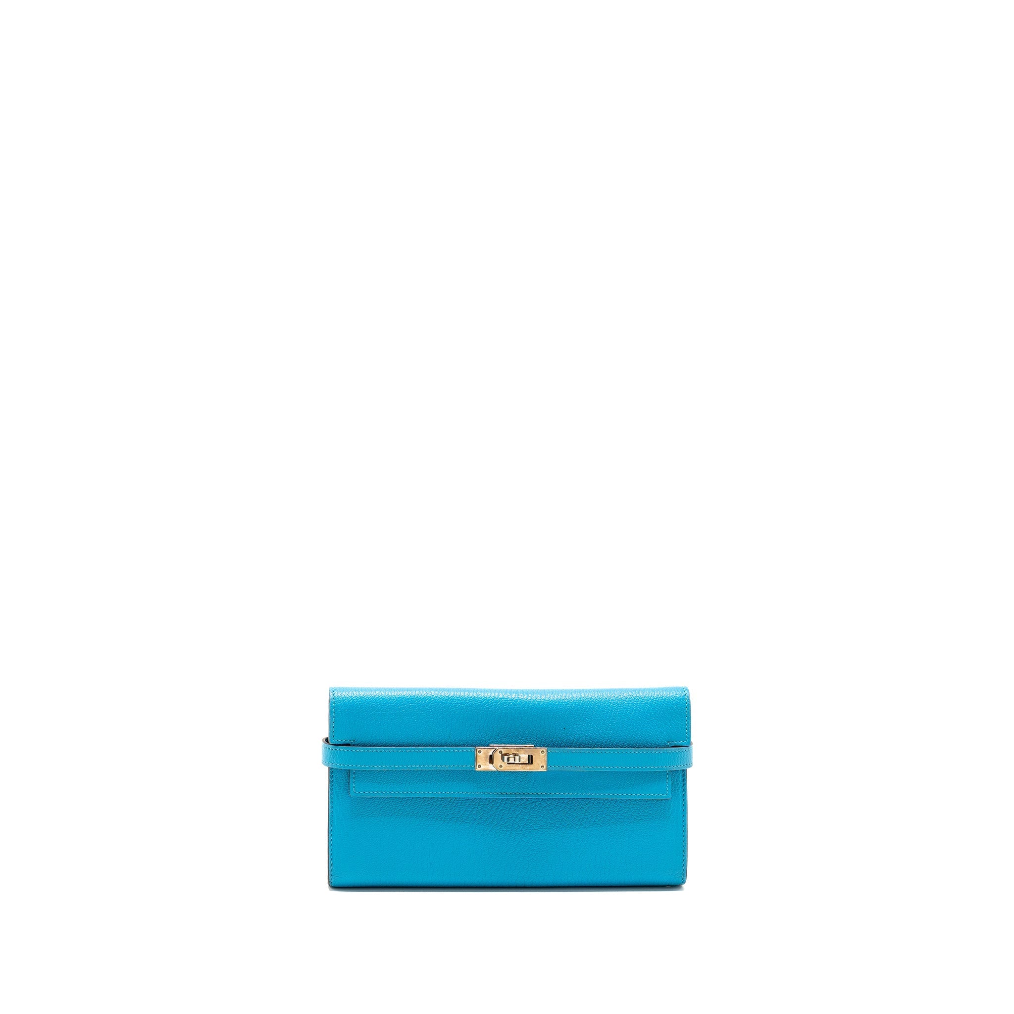 HERMES KELLY LONG WALLET CHEVRE MYSORE LEATHER BLUE AZTEQUE SHW