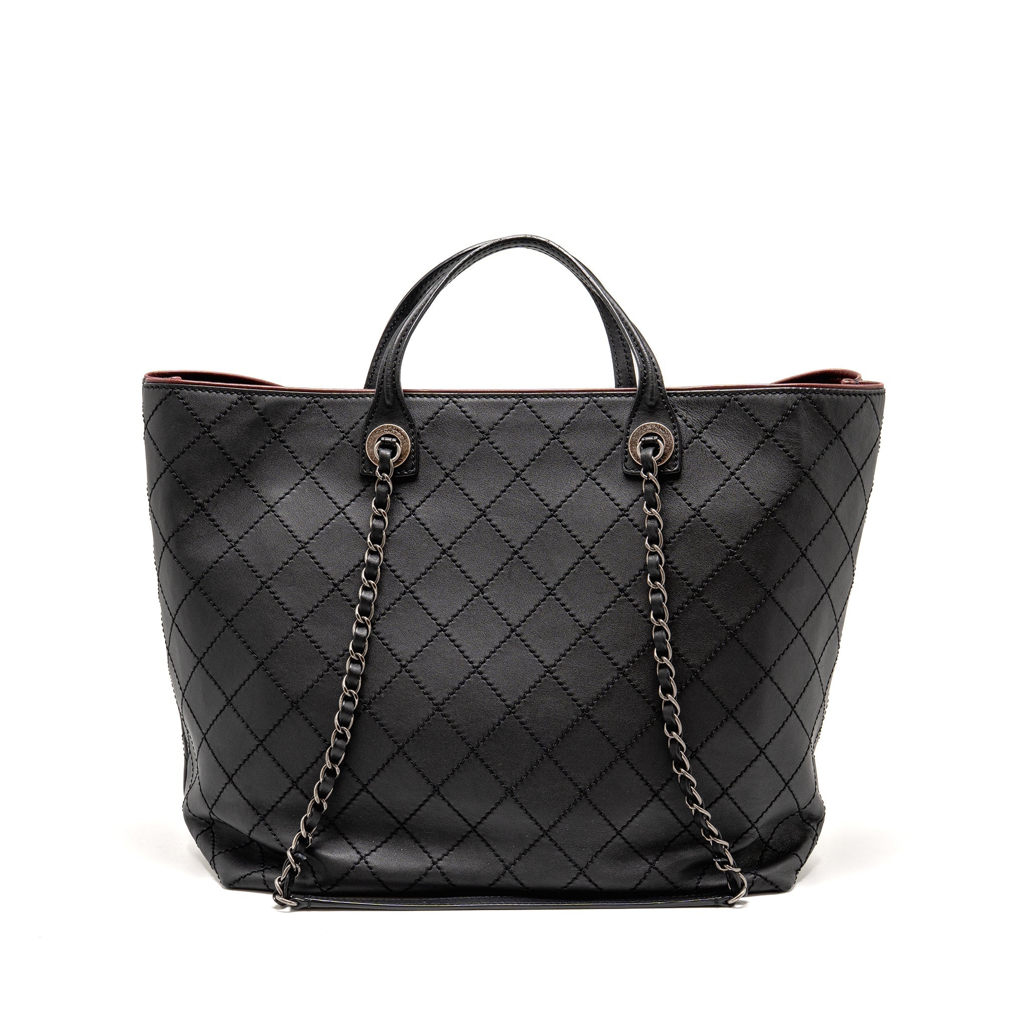 CHANEL ON THE ROAD STITCHED TOTE BAG CALFSKIN BLACK RUTHENIUM SILVER HARDWARE