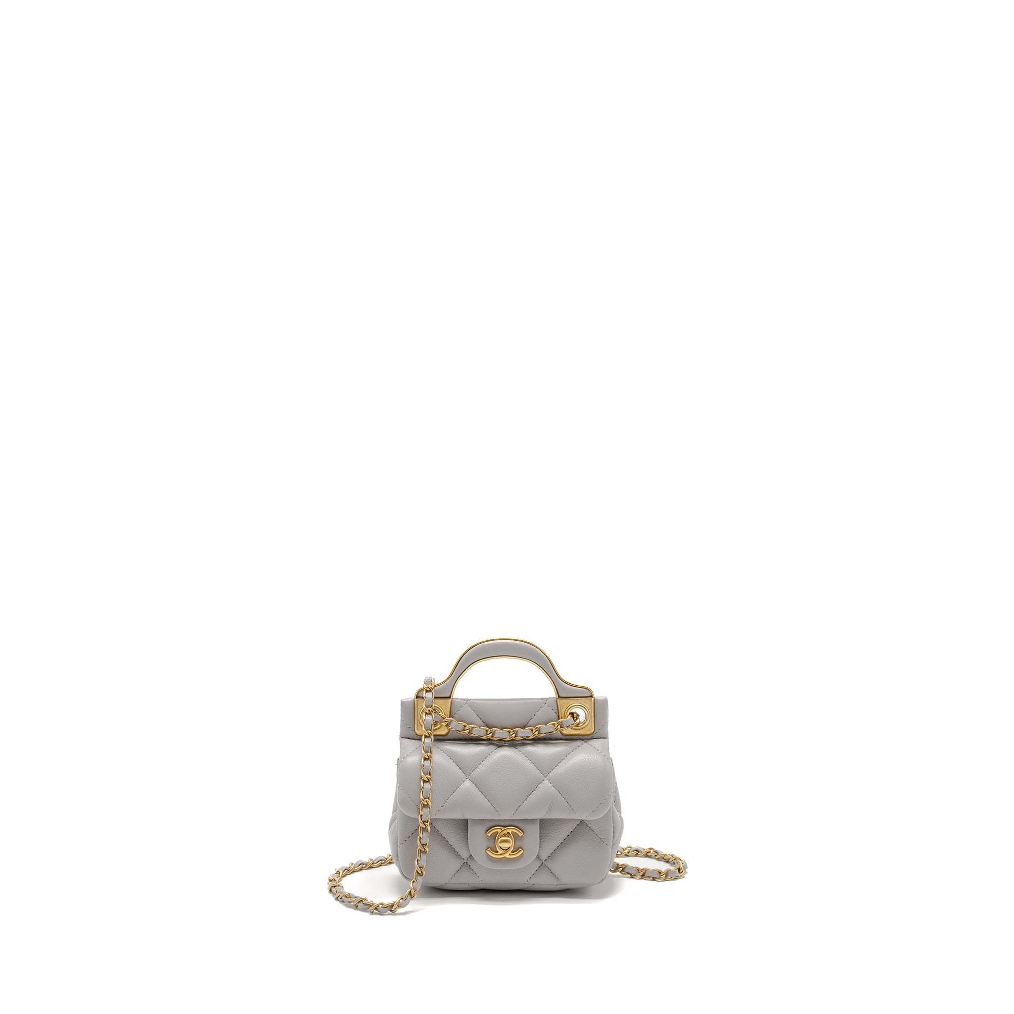 CHANEL MINI QUILTED FLAP CARD HOLDER WITH CHAIN LAMBSKIN GREY GHW