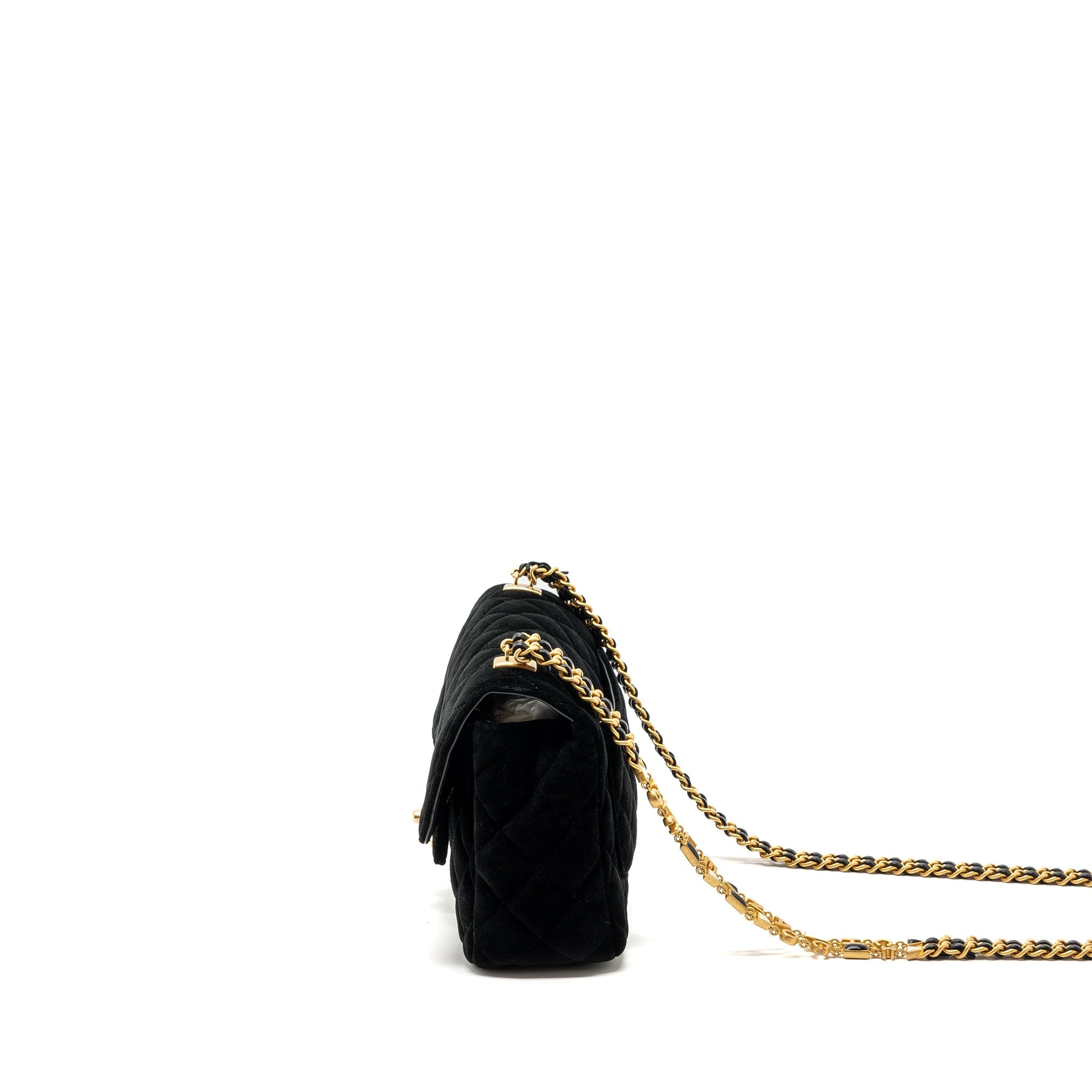 CHANEL 22B CHANEL ON CHAINS SQUARE FLAP BAG VELVET BLACK GHW (MICROCHIP)