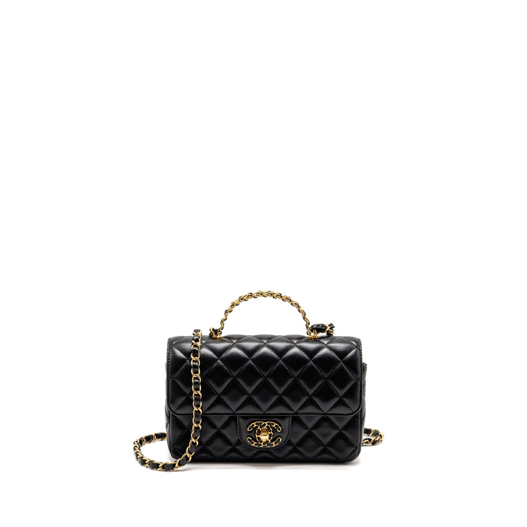 CHANEL 24C DETAIL TOP HANDLE FLAP BAG LAMBSKIN BLACK GHW (MICROCHIP)