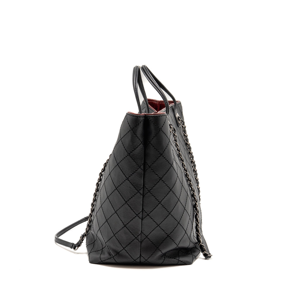 CHANEL ON THE ROAD STITCHED TOTE BAG CALFSKIN BLACK RUTHENIUM SILVER HARDWARE