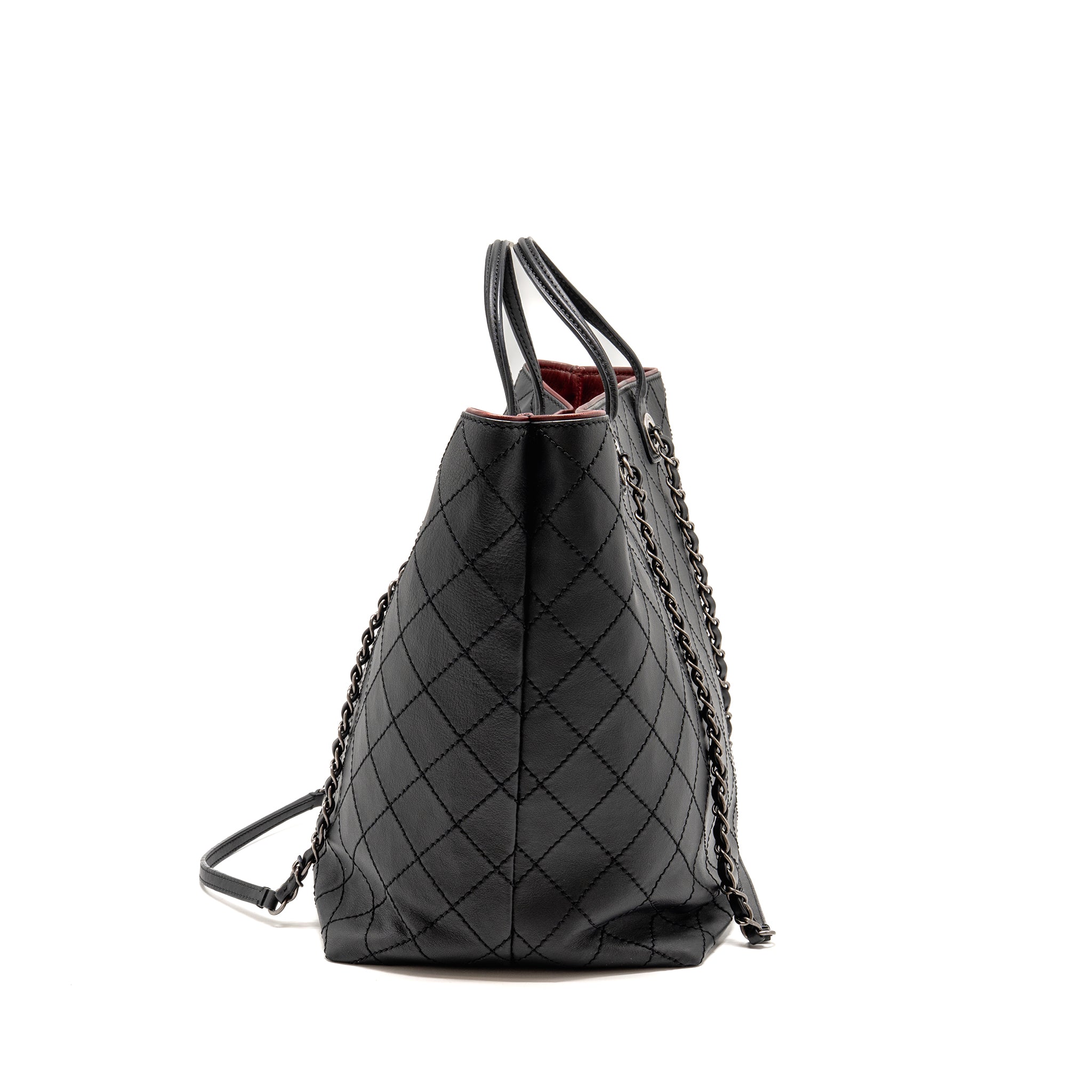 CHANEL ON THE ROAD STITCHED TOTE BAG CALFSKIN BLACK RUTHENIUM SILVER HARDWARE